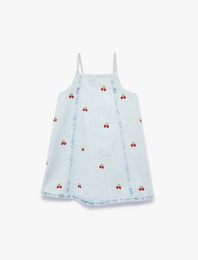 Çilek Detaylı Kare Yaka Askılı Denim Elbise