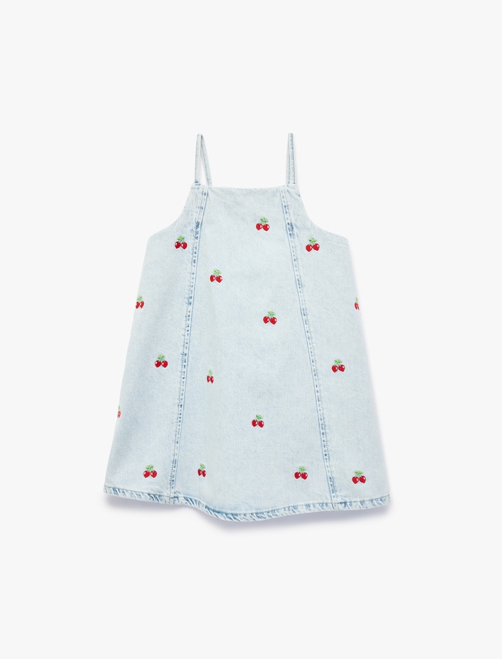 Kız Bebek Çilek Detaylı Kare Yaka Askılı Denim Elbise