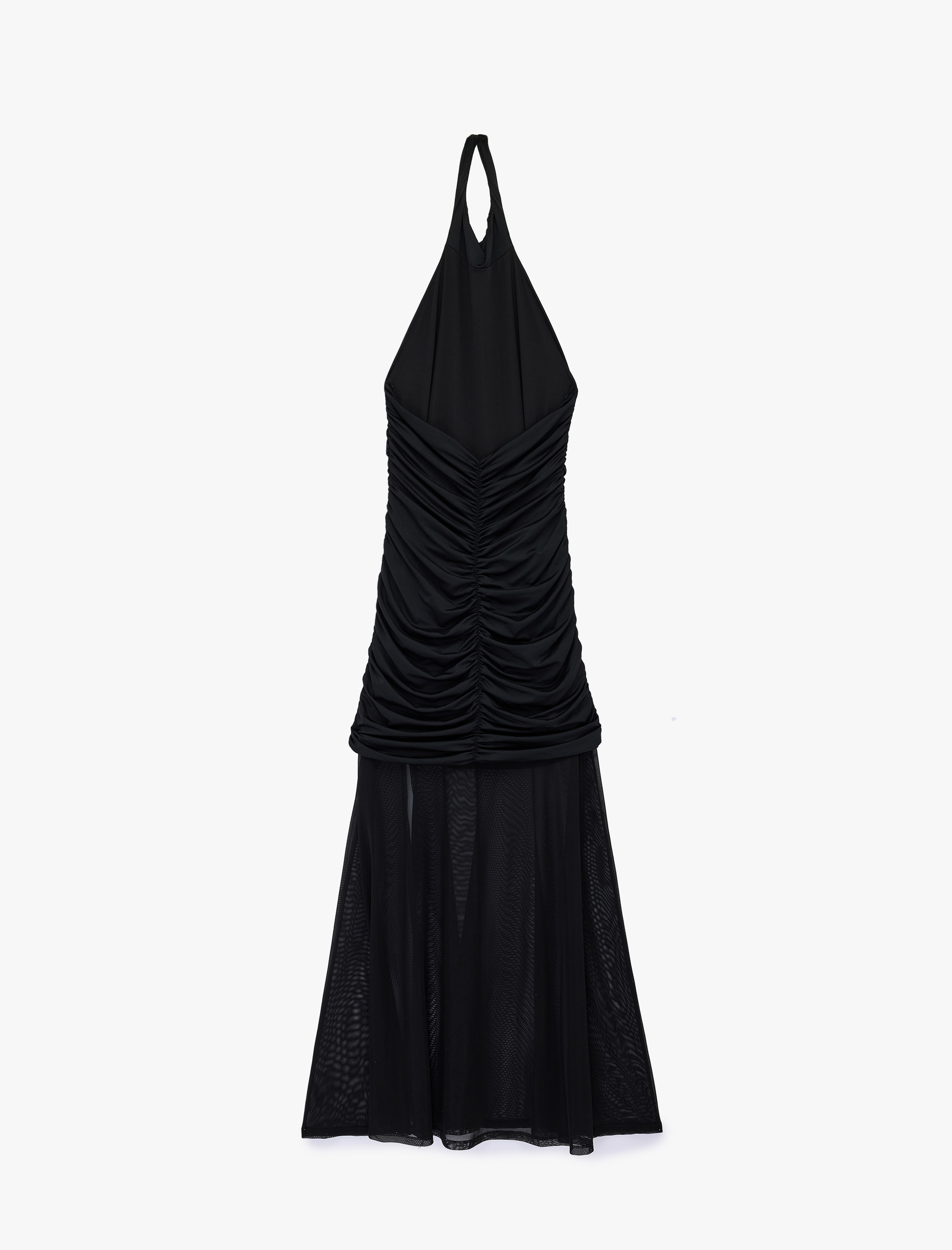   Slim Fit Drapeli Sırt Dekolteli Halter Yaka Tül Detaylı Uzun Elbise