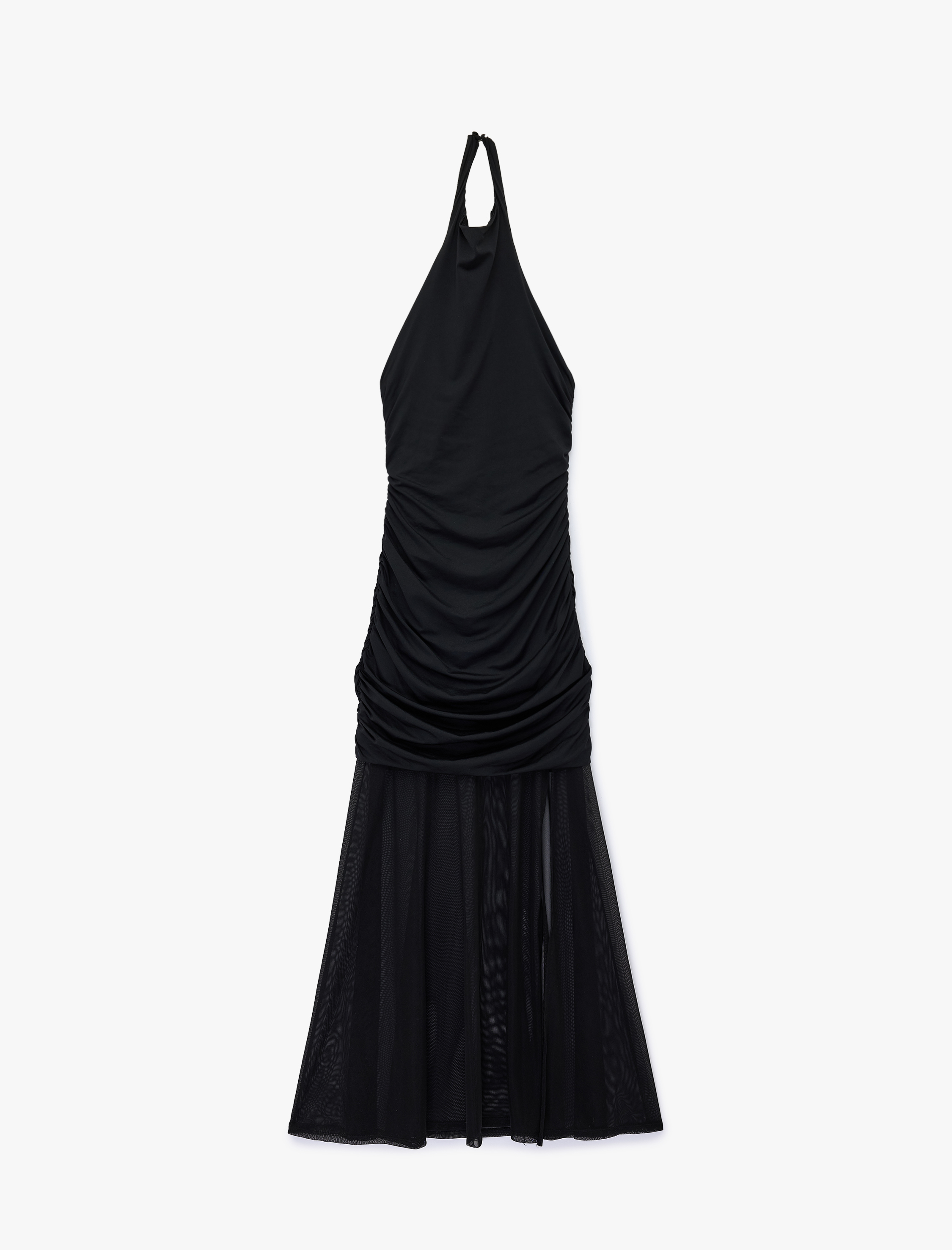   Slim Fit Drapeli Sırt Dekolteli Halter Yaka Tül Detaylı Uzun Elbise