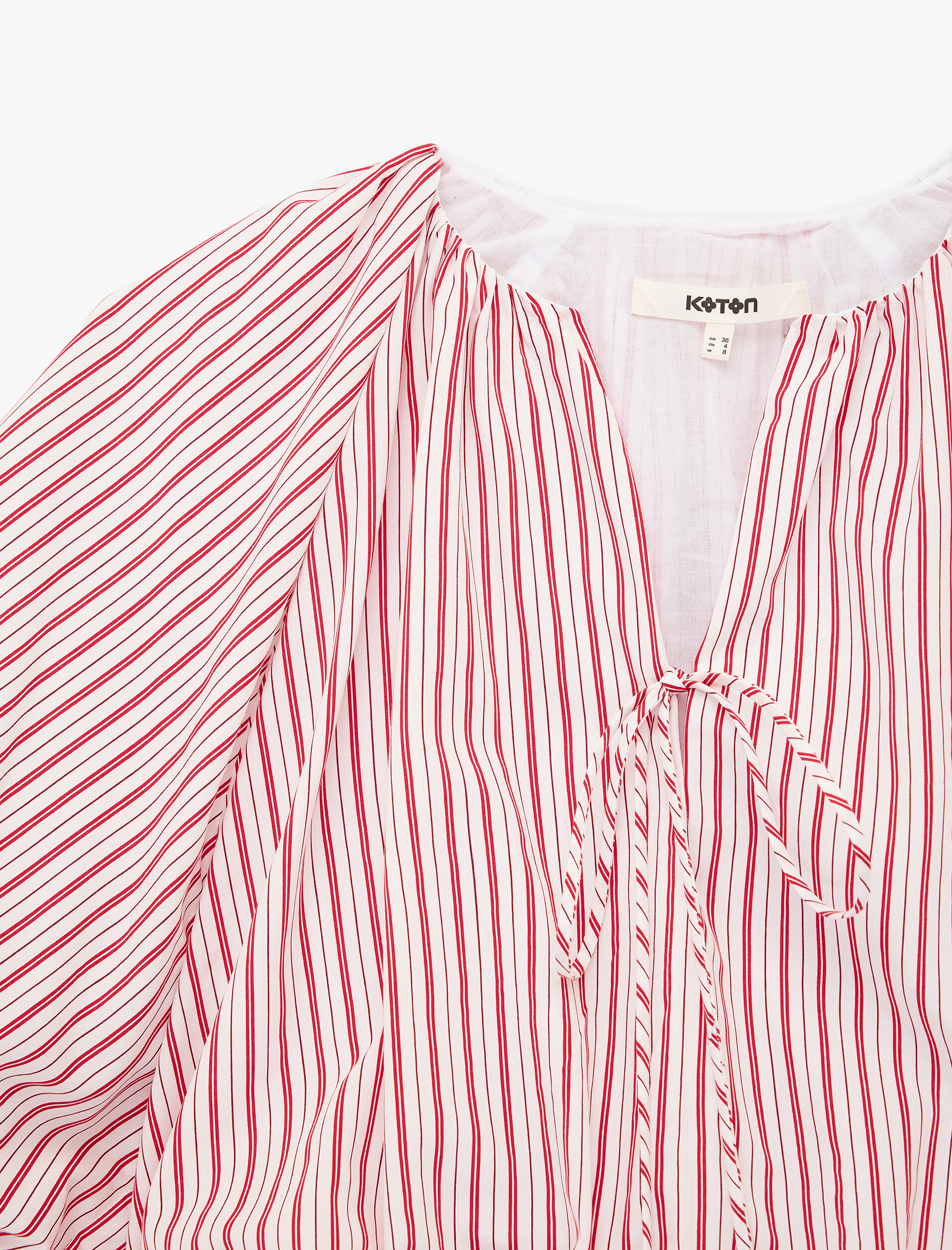   Viskon Bağcıklı Kaçık Yaka Çizgili Ovresize Balon Crop Bluz