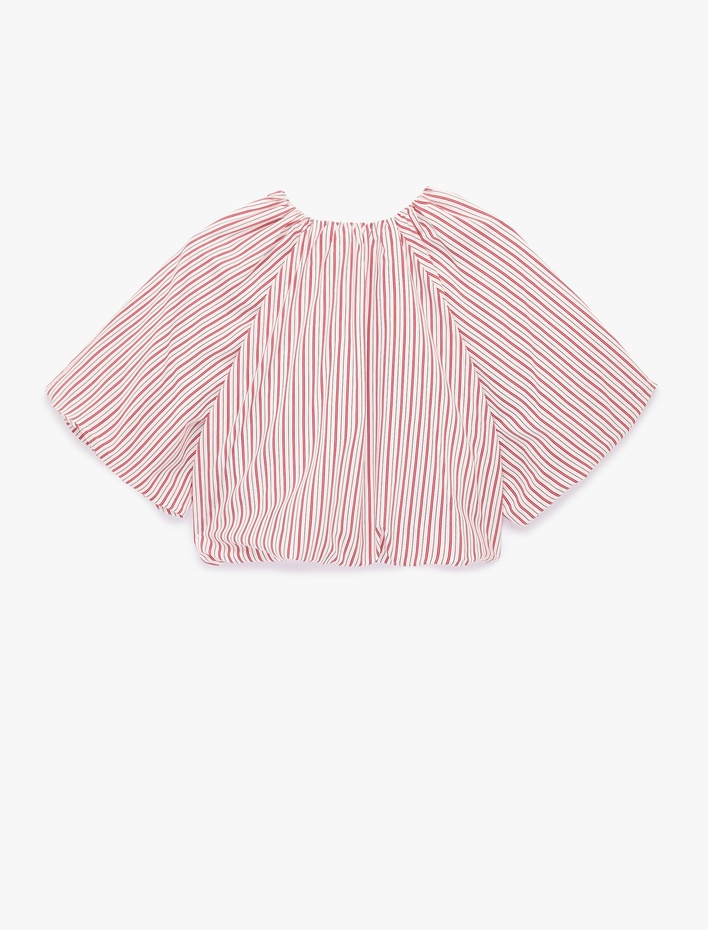  Viskon Bağcıklı Kaçık Yaka Çizgili Ovresize Balon Crop Bluz