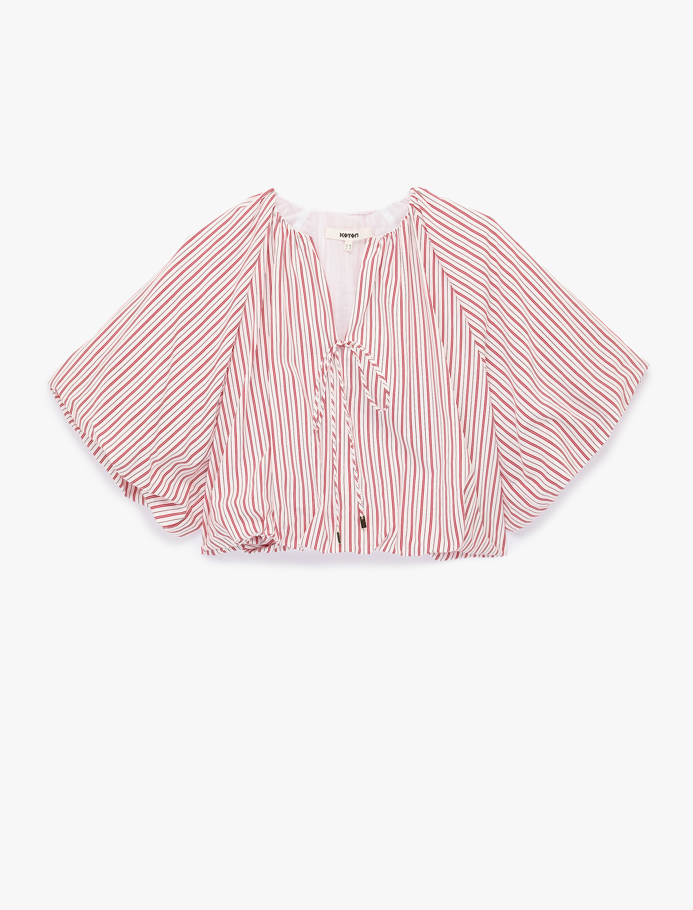   Viskon Bağcıklı Kaçık Yaka Çizgili Ovresize Balon Crop Bluz