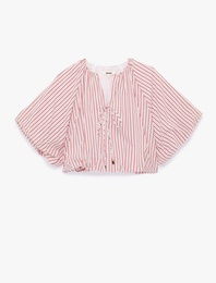 Viskon Bağcıklı Kaçık Yaka Çizgili Ovresize Balon Crop Bluz