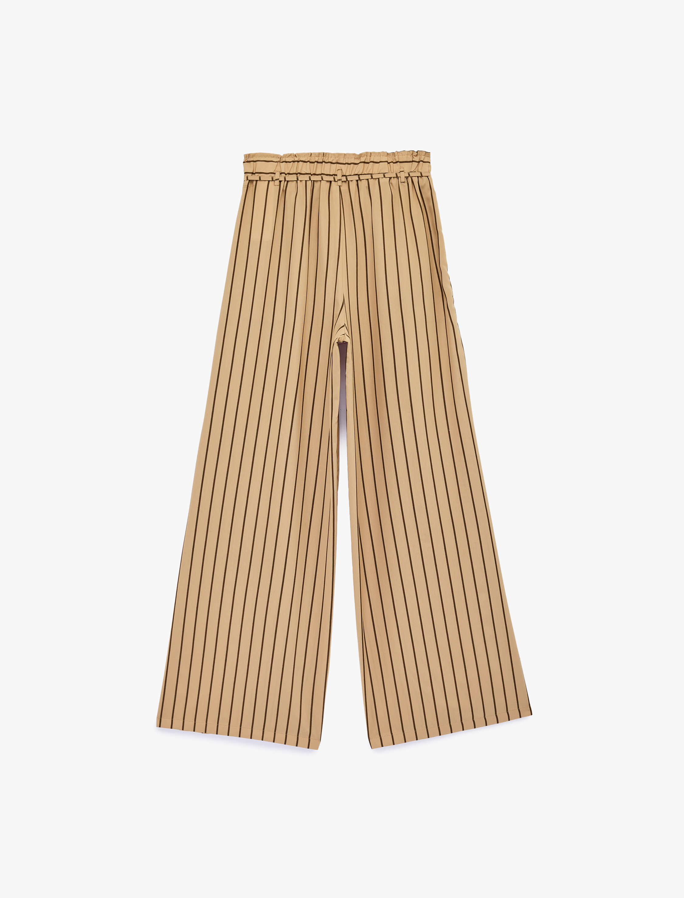   Beli Lastikli Bağlamalı Viskon Salda Kumaş Cep Detaylı Geniş Paça Çizgili Pantolon