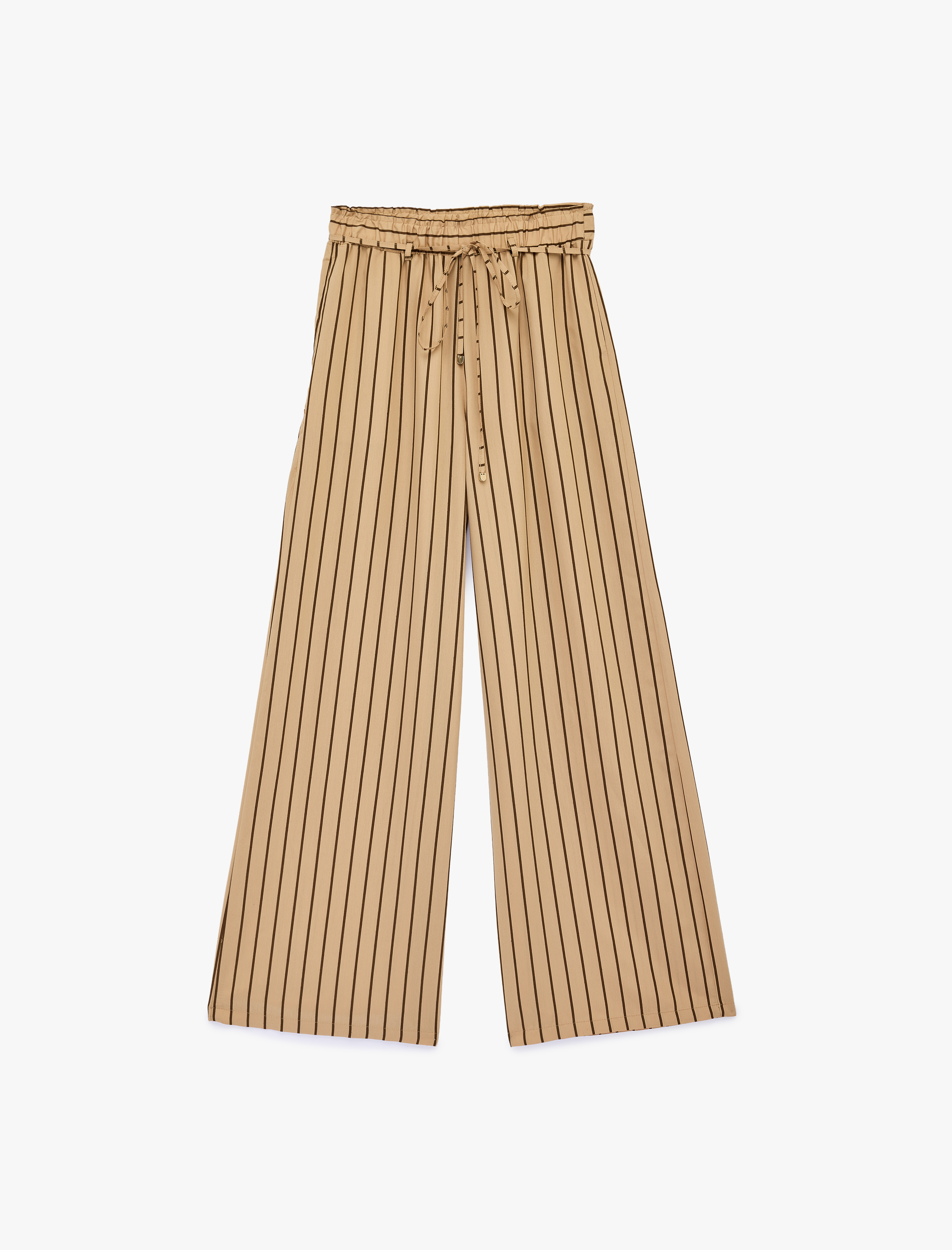   Beli Lastikli Bağlamalı Viskon Salda Kumaş Cep Detaylı Geniş Paça Çizgili Pantolon