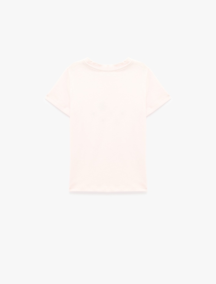 Kız Çocuk Çiçek İşlemeli Kısa Kollu Bisiklet Yaka Pamuklu Tişört