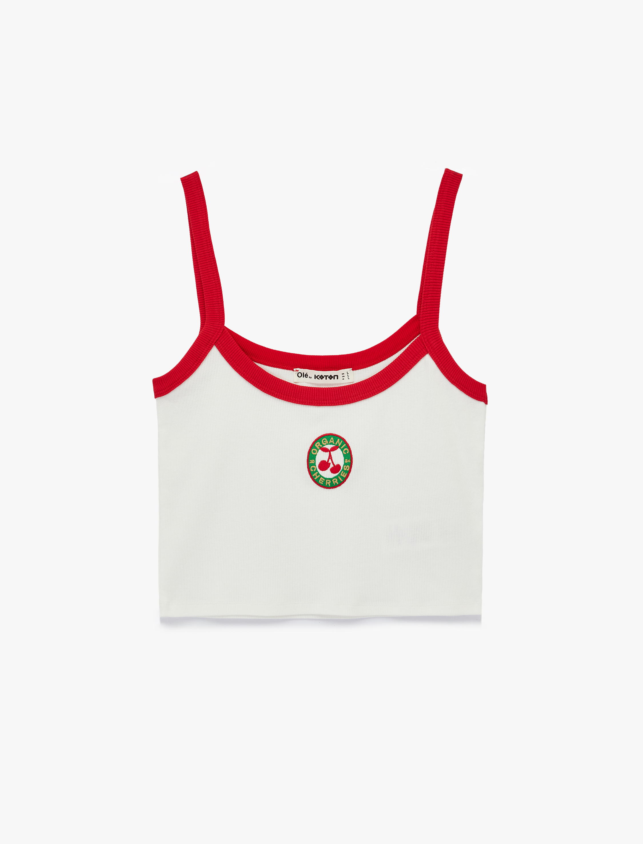   Pamuklu Askılı Biyeli Kiraz Nakışlı Bluz