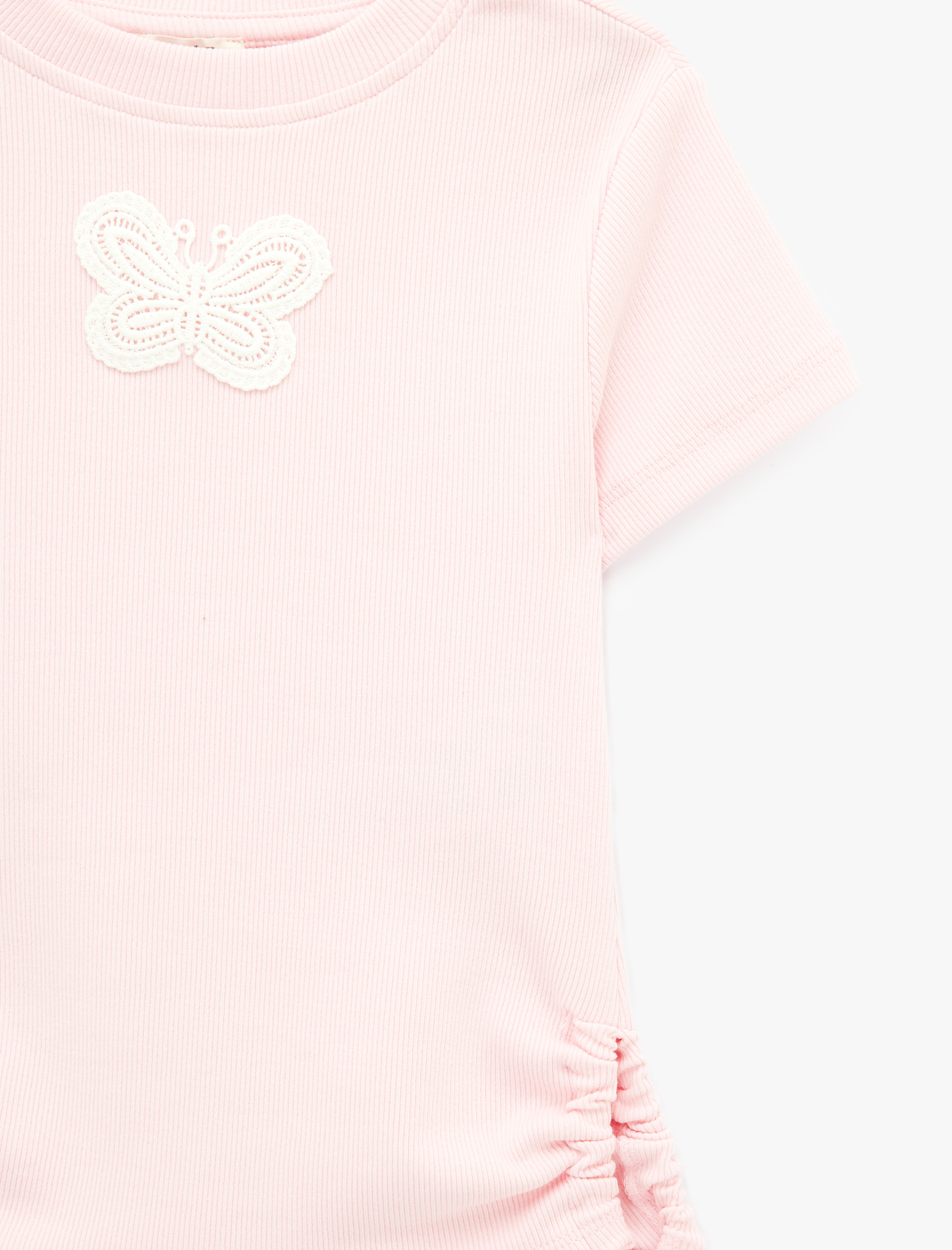  Kız Çocuk Kelebek İşlemeli Kısa Kollu Bisiklet Yaka Pamuklu Tişört