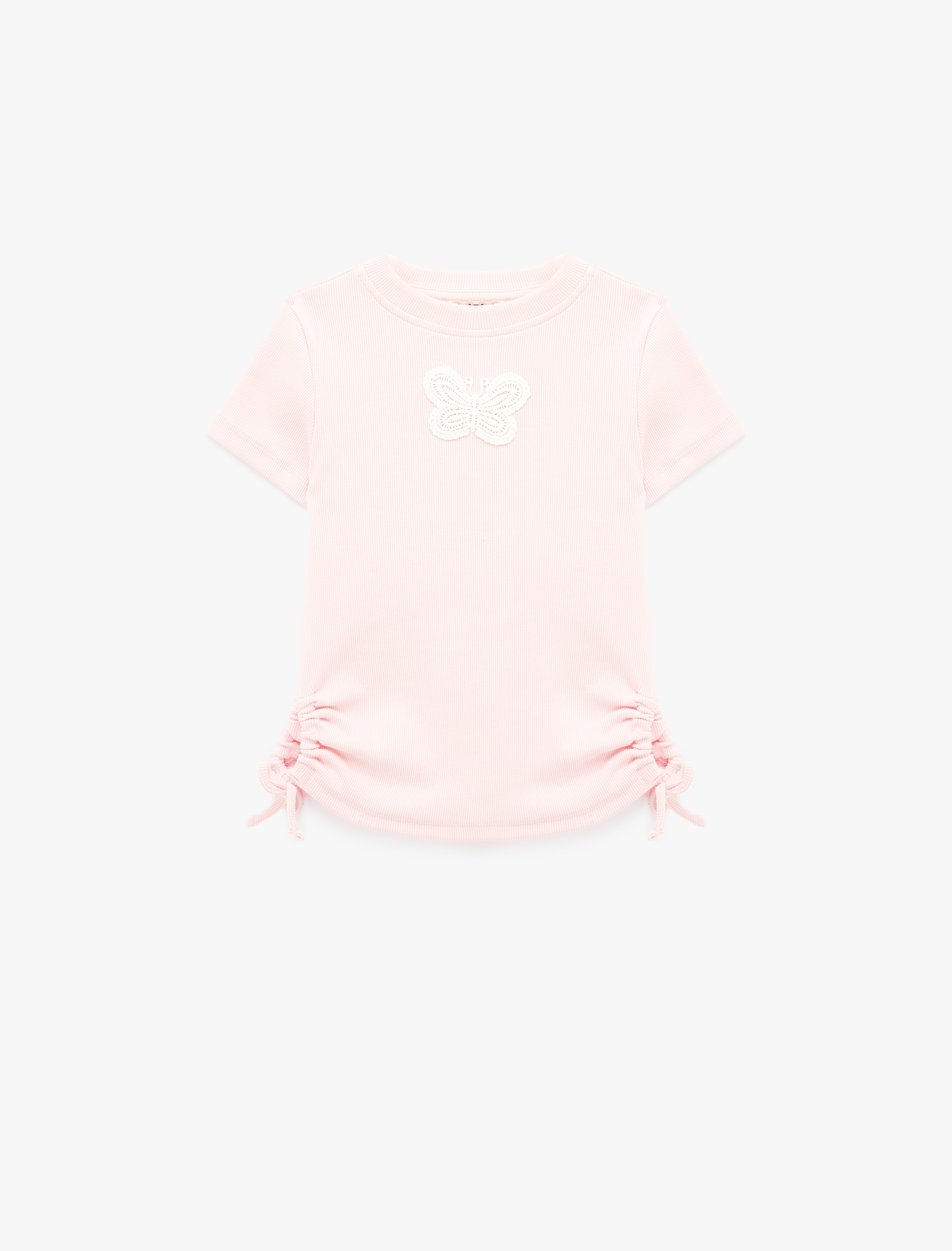 Kız Çocuk Kelebek İşlemeli Kısa Kollu Bisiklet Yaka Pamuklu Tişört
