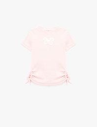 Kelebek İşlemeli Kısa Kollu Bisiklet Yaka Pamuklu Tişört