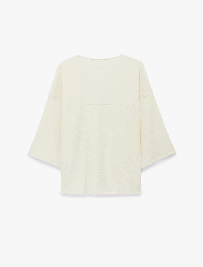  Bürümcük Kumaş Geniş Uzun Kollu Bağlama Detaylı Dokulu Kimono