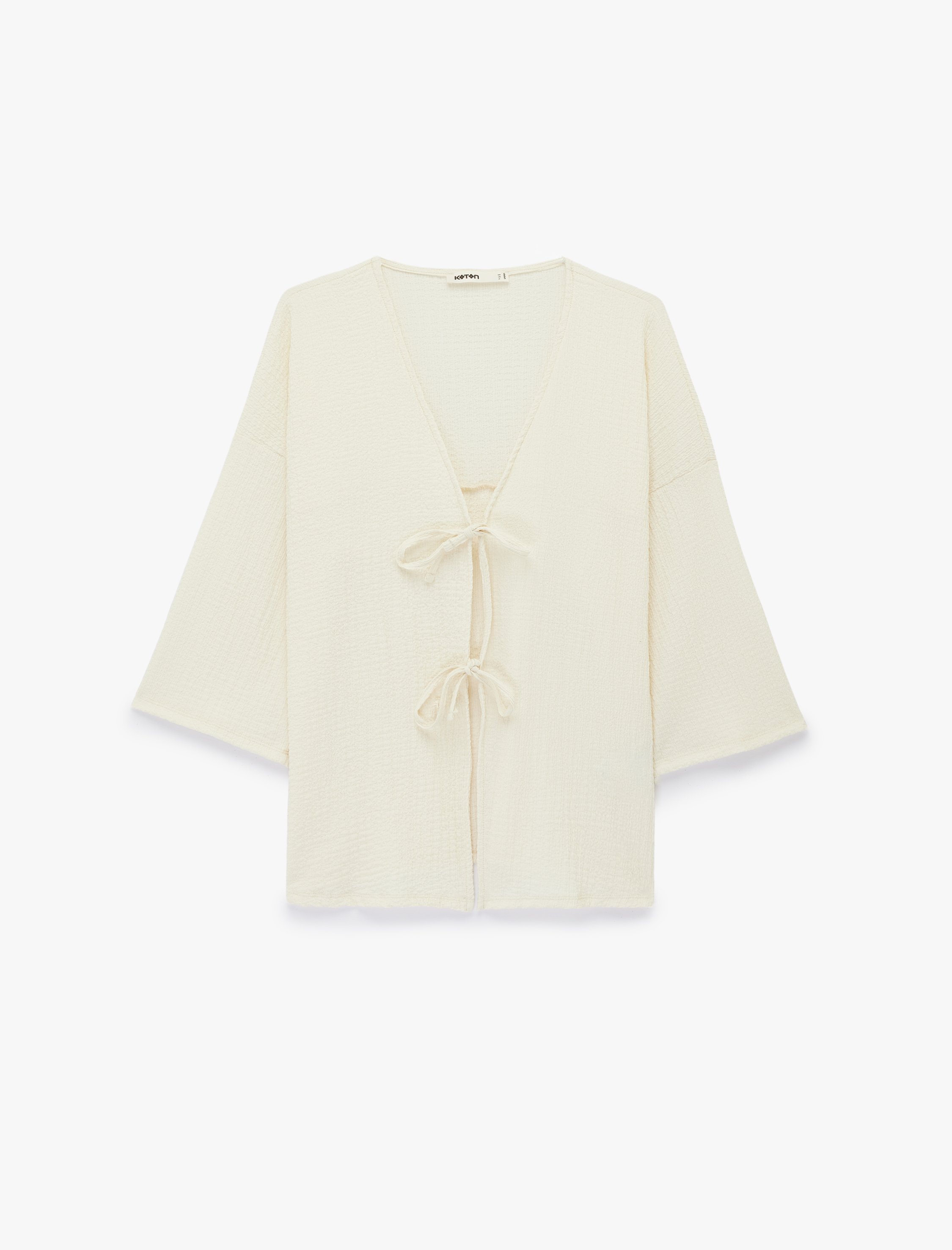   Bürümcük Kumaş Geniş Uzun Kollu Bağlama Detaylı Dokulu Kimono