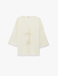 Bürümcük Kumaş Geniş Uzun Kollu Bağlama Detaylı Dokulu Kimono