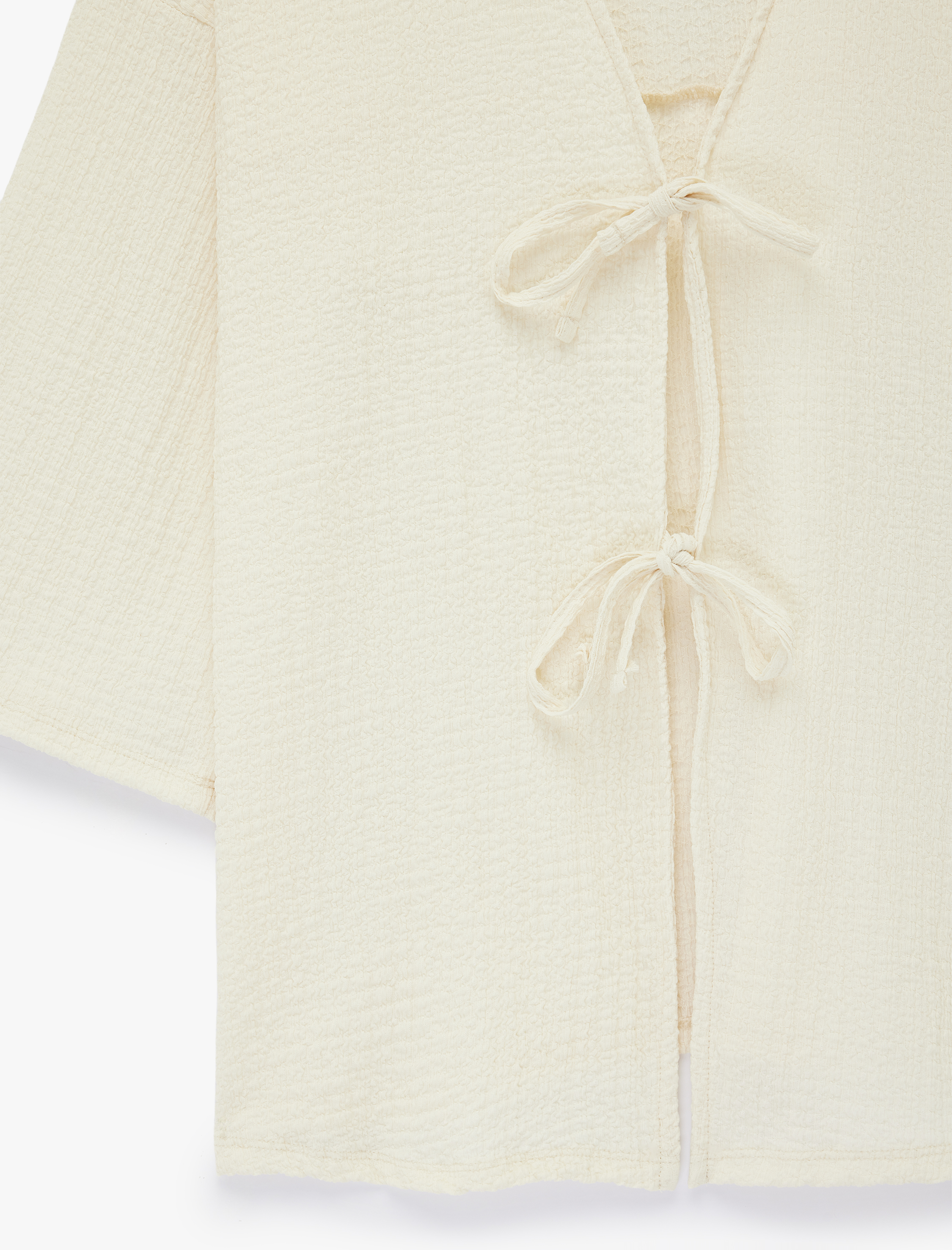   Bürümcük Kumaş Geniş Uzun Kollu Bağlama Detaylı Dokulu Kimono