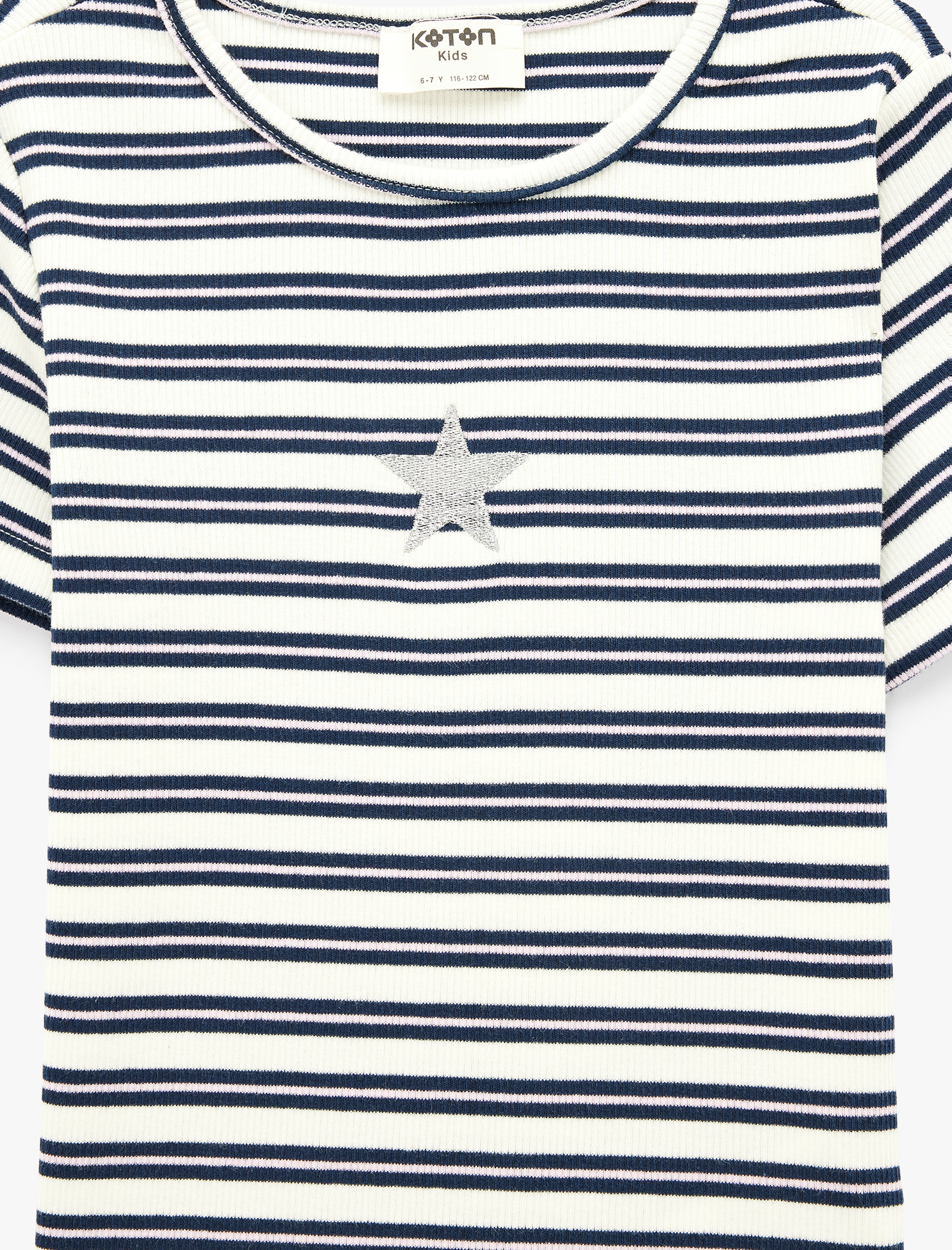  Kız Çocuk Kısa Kollu Bisiklet Yaka Simli Yıldız Detaylı Pamuklu Çizgili Tişört