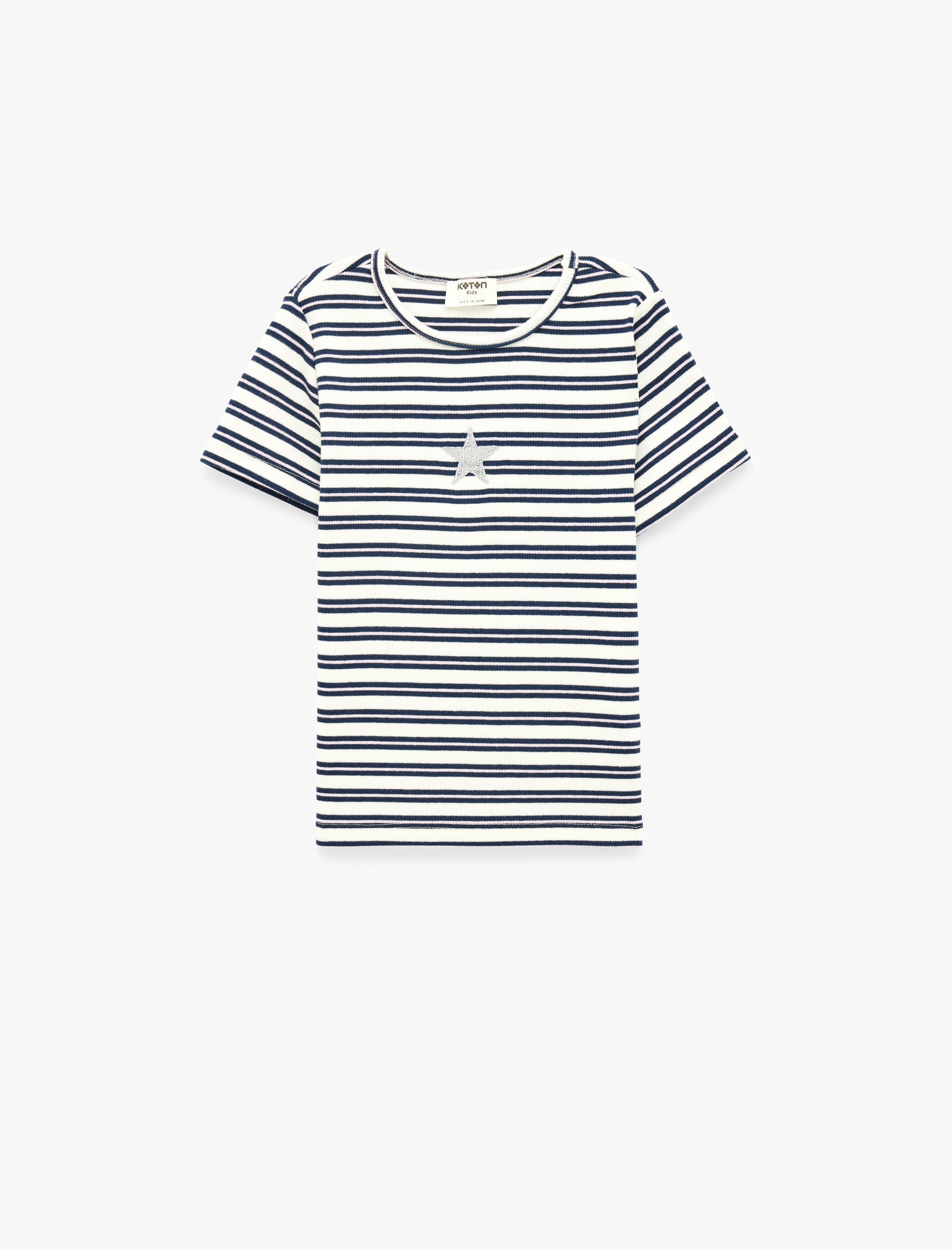  Kız Çocuk Kısa Kollu Bisiklet Yaka Simli Yıldız Detaylı Pamuklu Çizgili Tişört