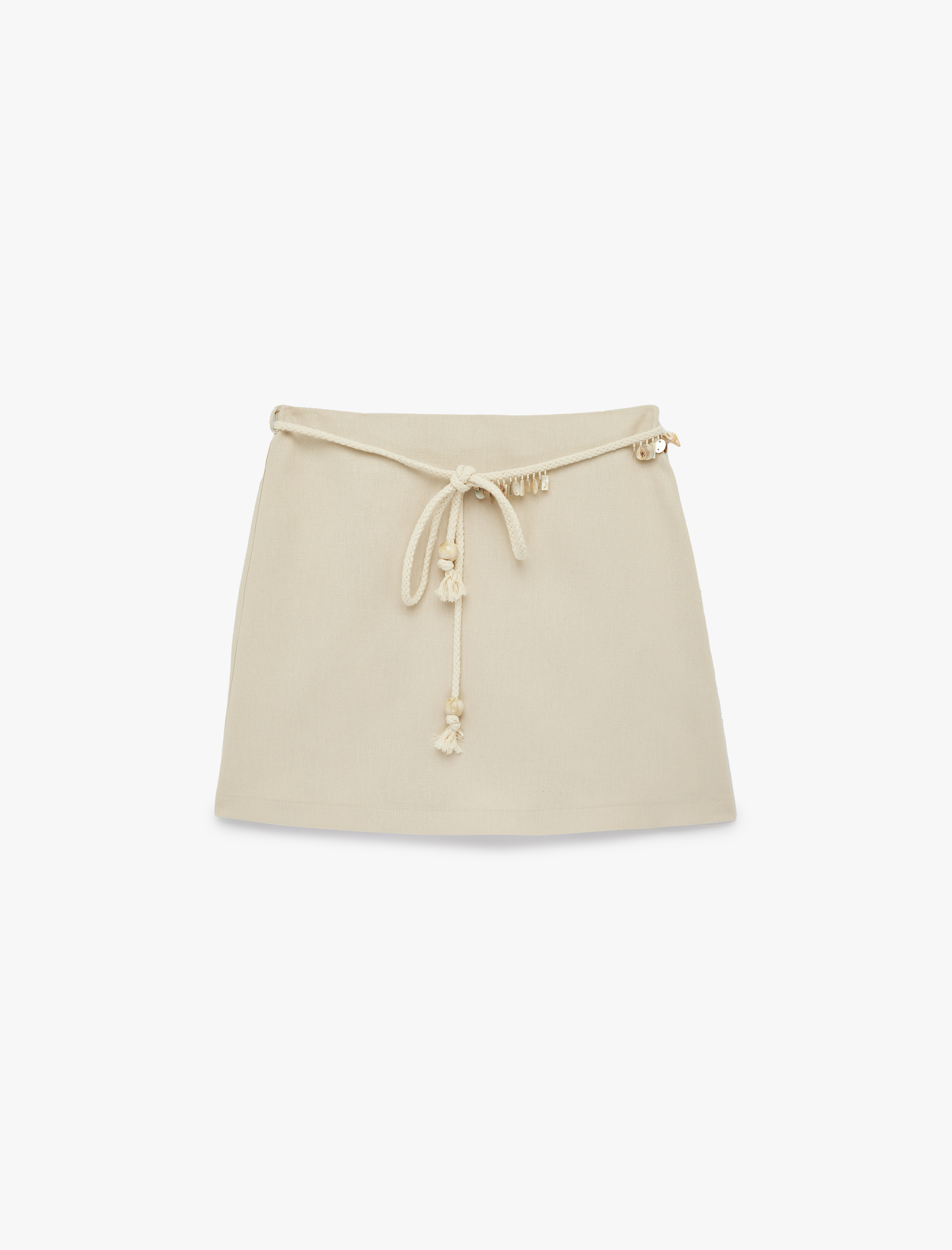   Boncuklu Kemer Detaylı A Kesim Mini Keten Etek