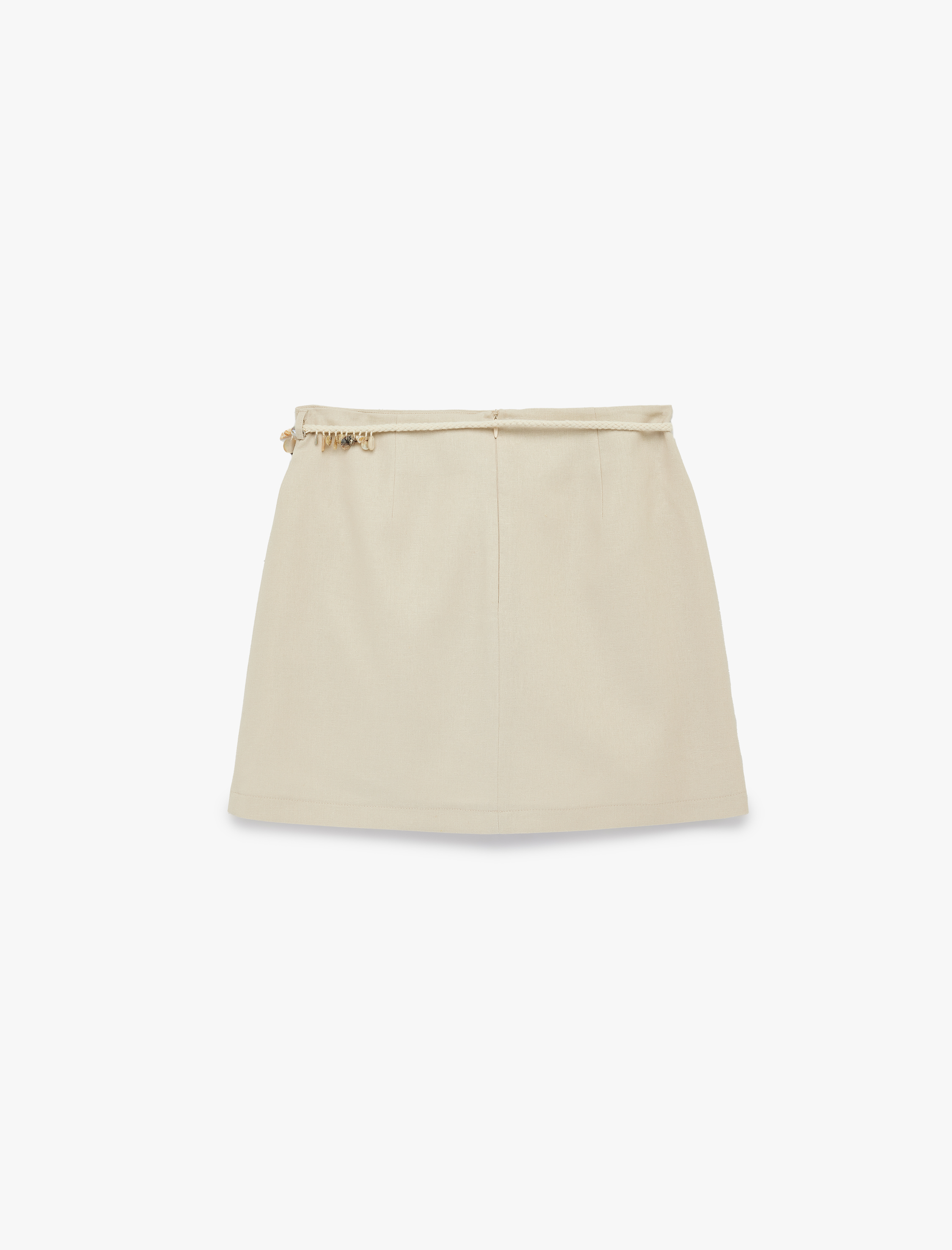   Boncuklu Kemer Detaylı A Kesim Mini Keten Etek