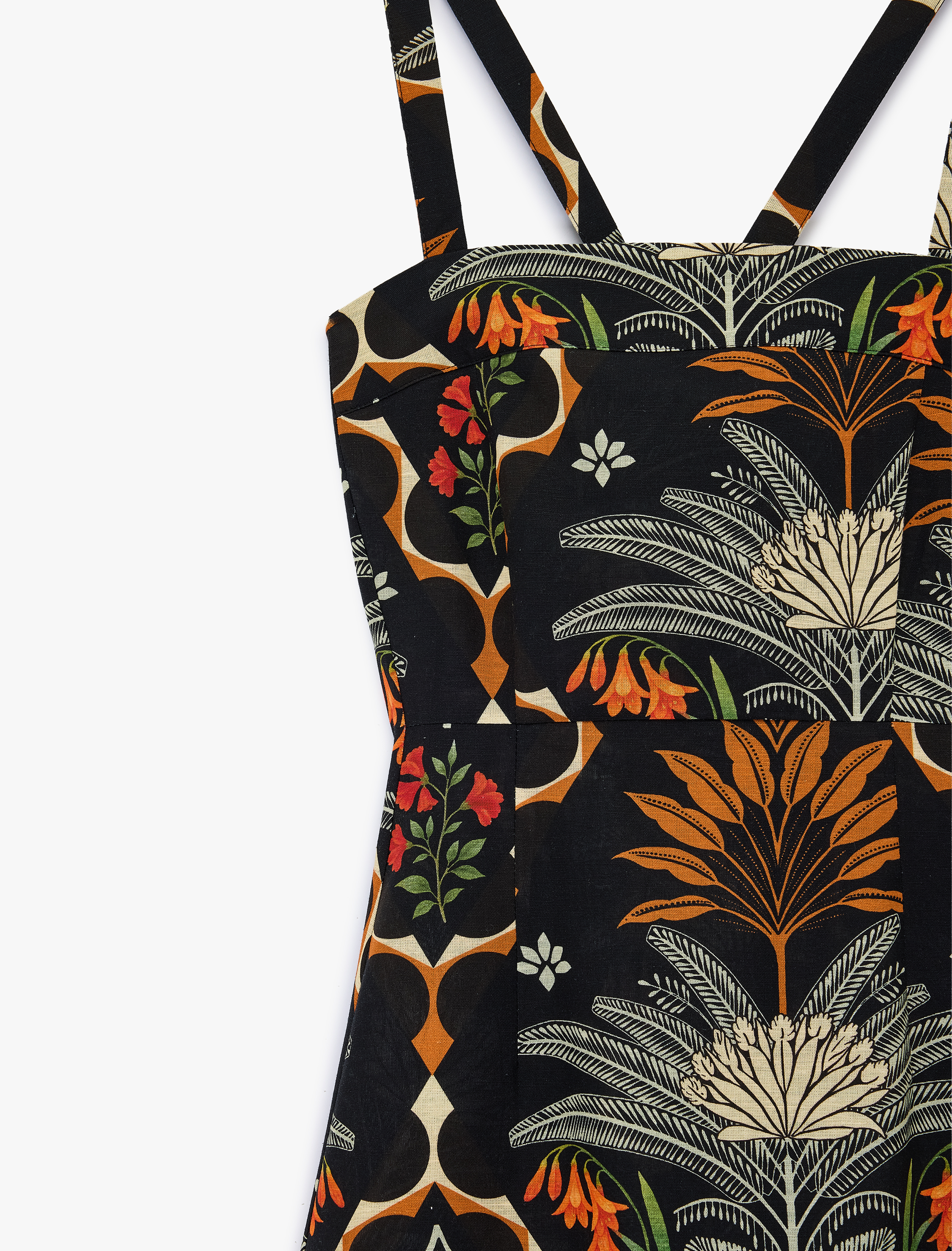   Keten Karışımlı Floral Etnik Desenli İnce Çapraz Askılı Uzun Elbise