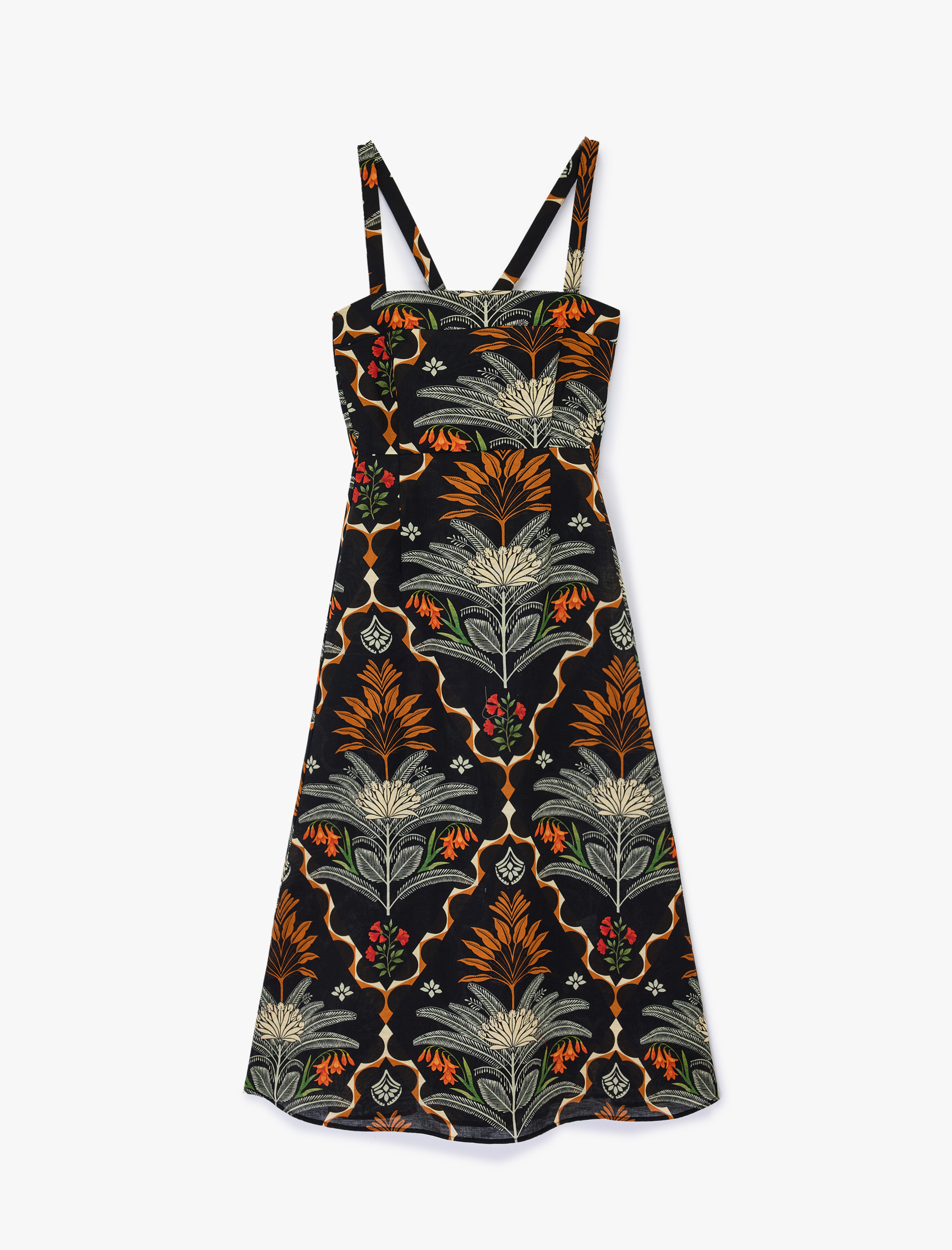   Keten Karışımlı Floral Etnik Desenli İnce Çapraz Askılı Uzun Elbise