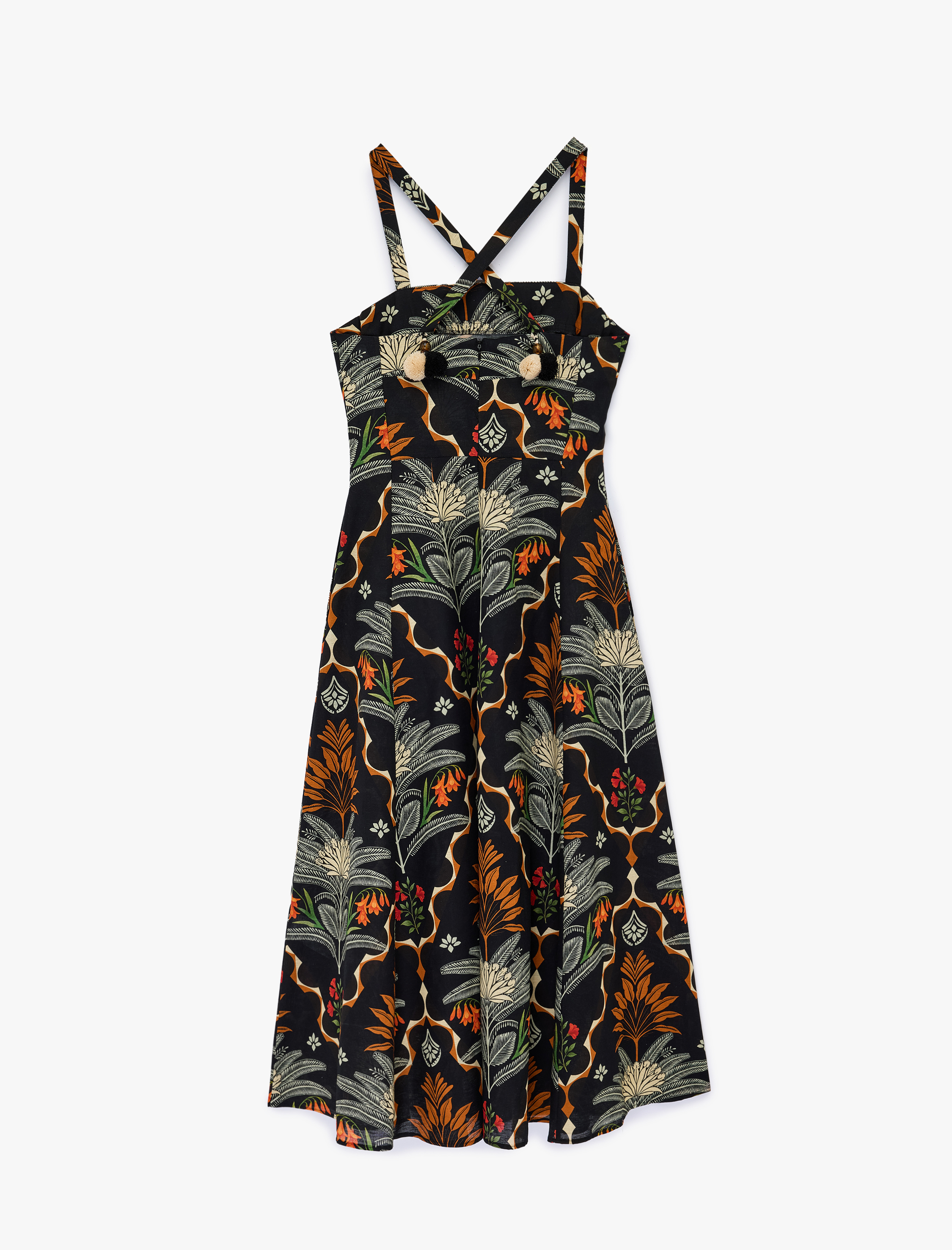   Keten Karışımlı Floral Etnik Desenli İnce Çapraz Askılı Uzun Elbise