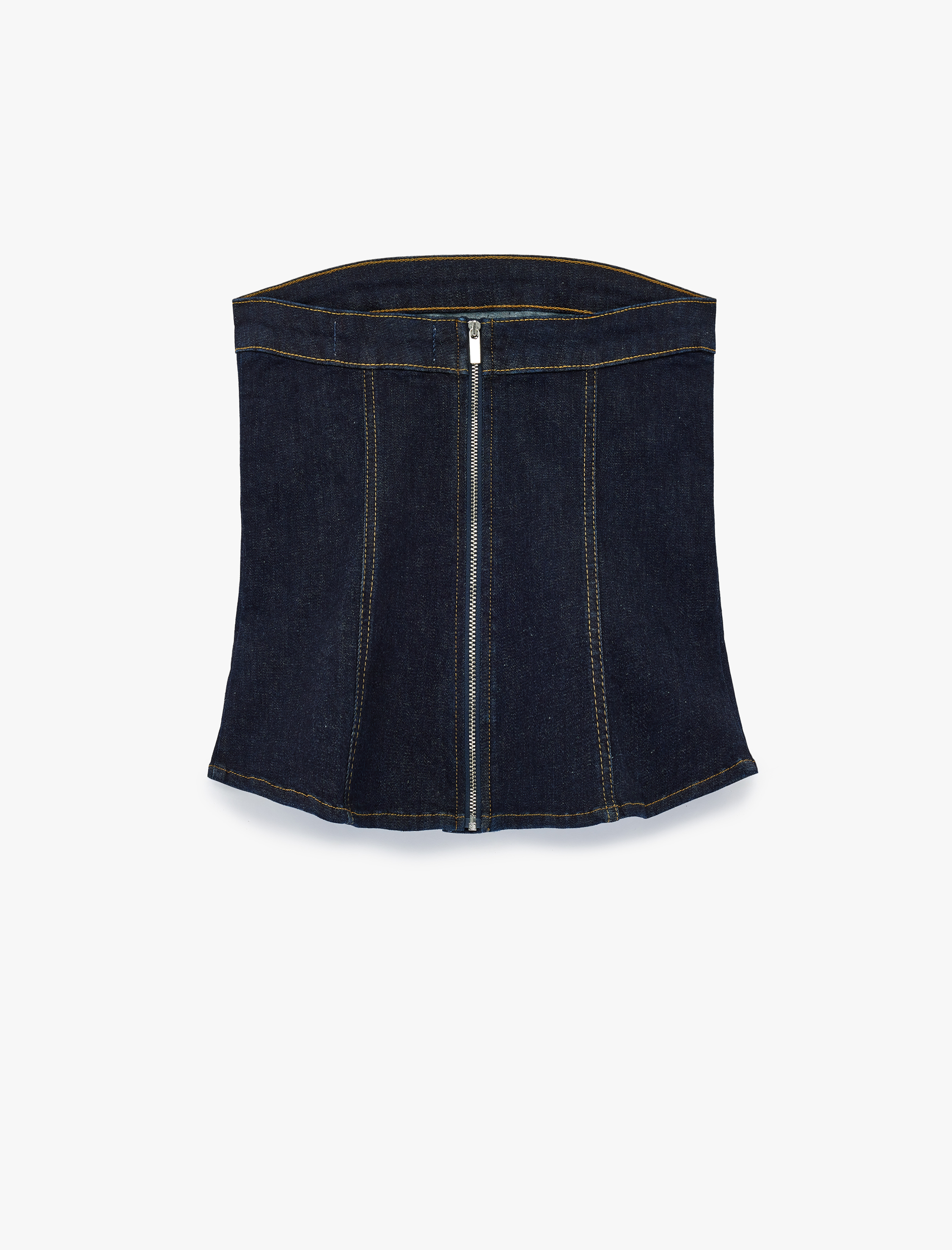   Pamuklu Fermuarlı Slim Fit Straplez Kolsuz Denim Bluz