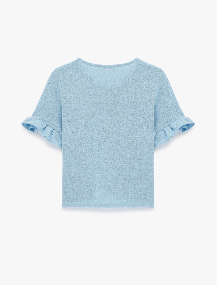  Mücevher Düğme Detaylı Fırfırlı Kısa Kollu Bisiklet Yaka Hırka