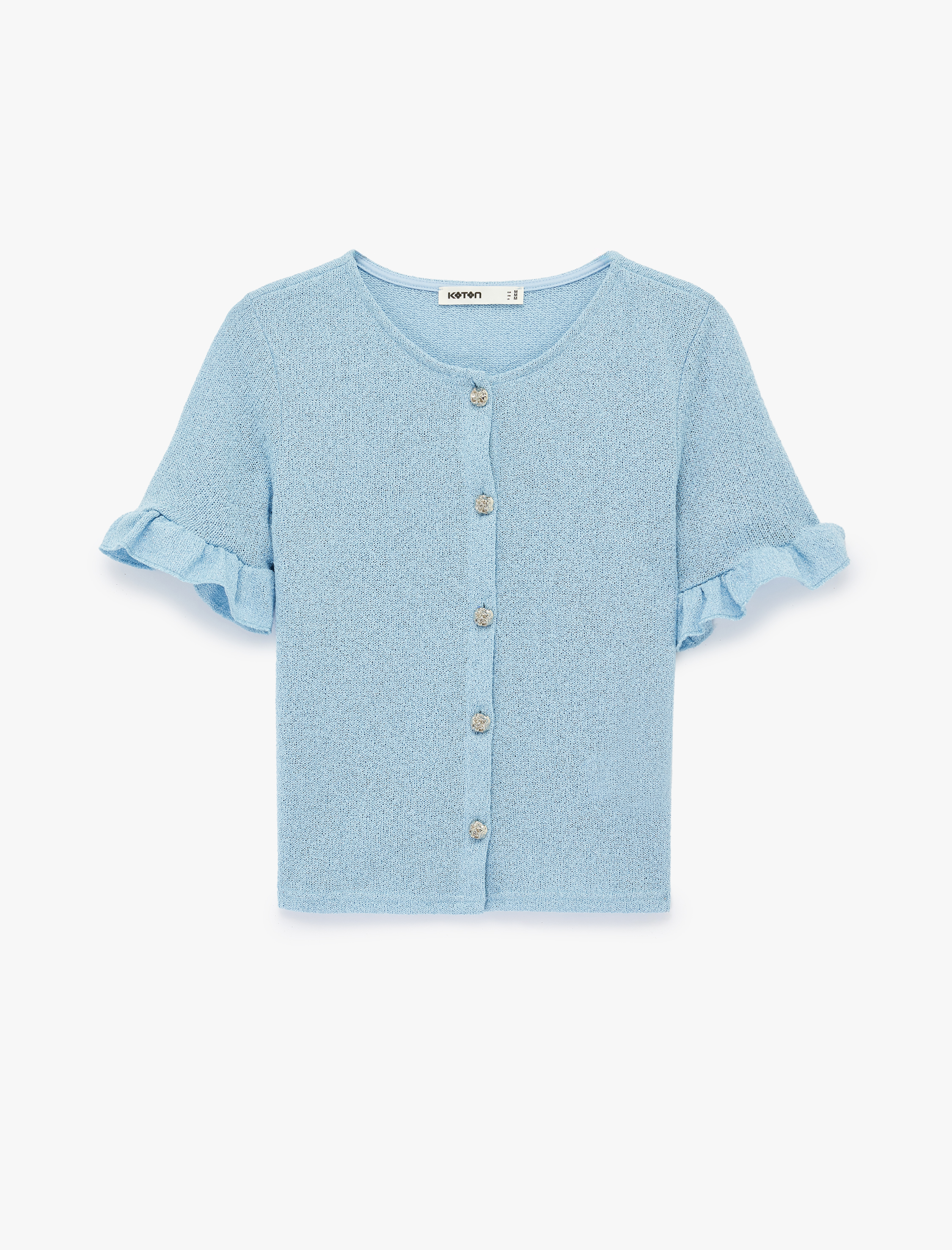   Mücevher Düğme Detaylı Fırfırlı Kısa Kollu Bisiklet Yaka Hırka