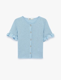 Mücevher Düğme Detaylı Fırfırlı Kısa Kollu Bisiklet Yaka Hırka