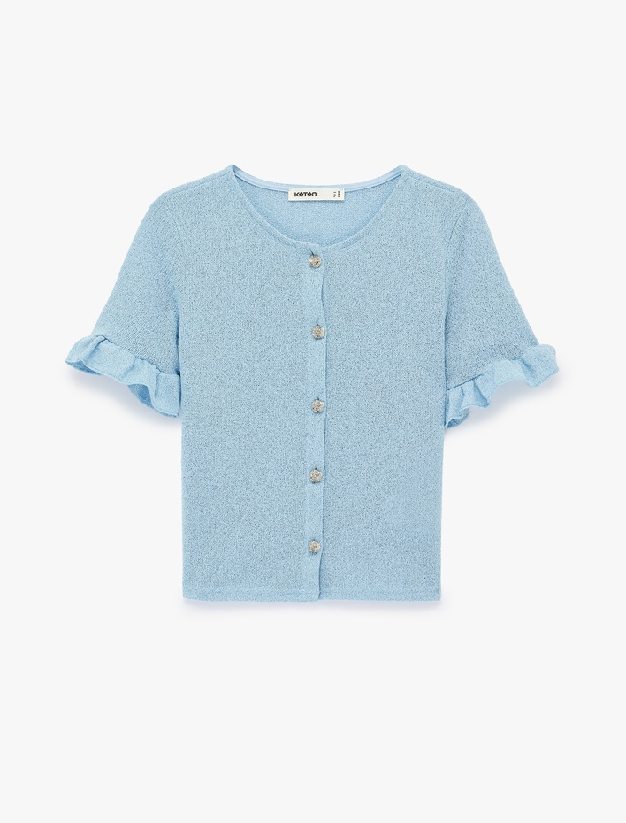  Mücevher Düğme Detaylı Fırfırlı Kısa Kollu Bisiklet Yaka Hırka