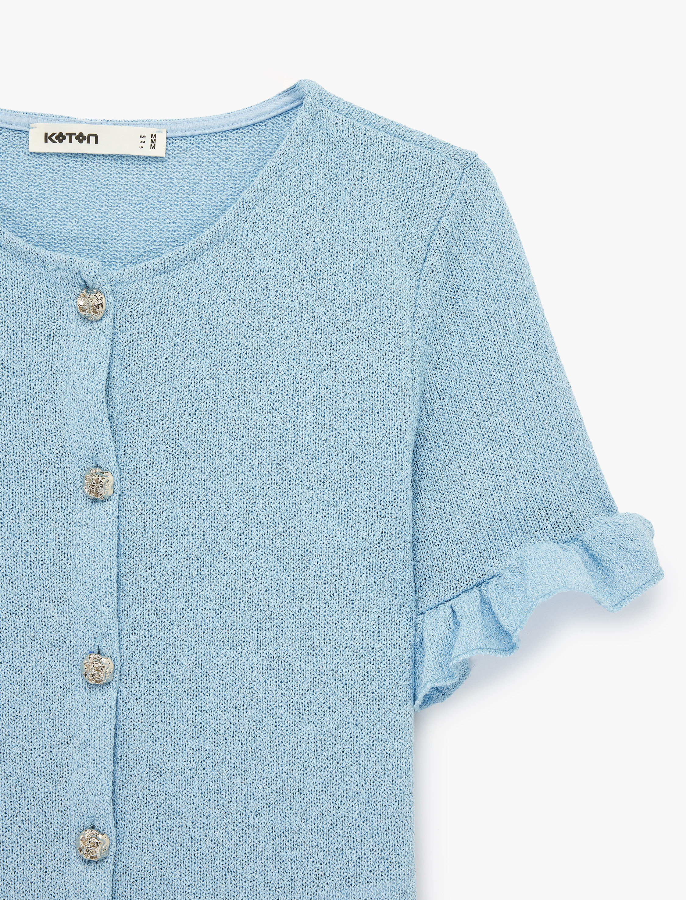   Mücevher Düğme Detaylı Fırfırlı Kısa Kollu Bisiklet Yaka Hırka