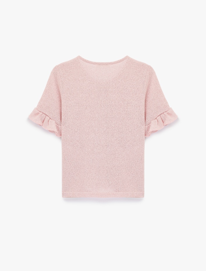  Mücevher Düğme Detaylı Fırfırlı Kısa Kollu Bisiklet Yaka Hırka