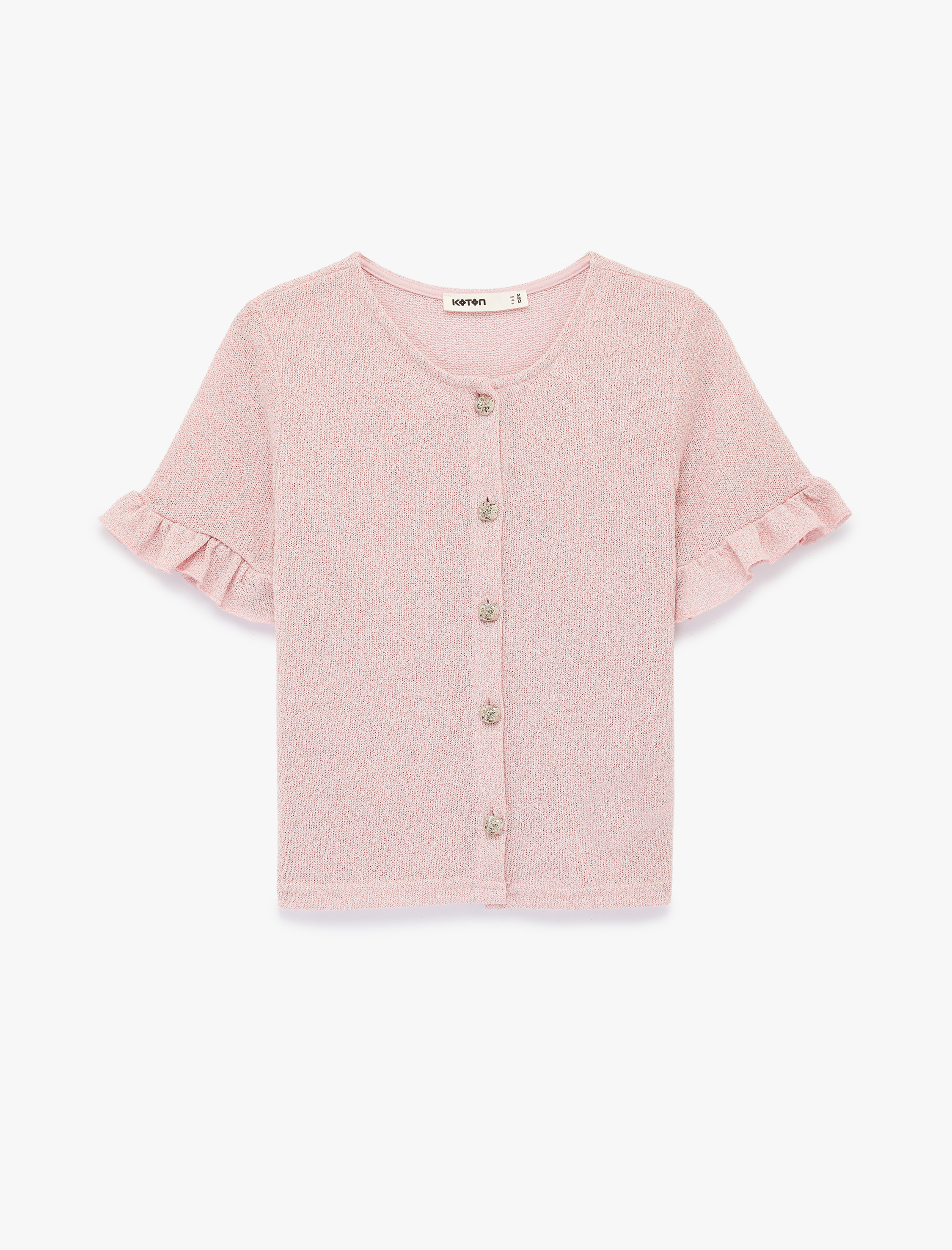   Mücevher Düğme Detaylı Fırfırlı Kısa Kollu Bisiklet Yaka Hırka