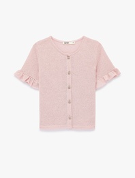 Mücevher Düğme Detaylı Fırfırlı Kısa Kollu Bisiklet Yaka Hırka