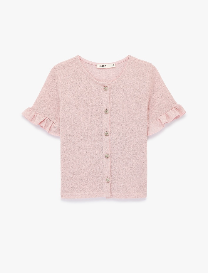  Mücevher Düğme Detaylı Fırfırlı Kısa Kollu Bisiklet Yaka Hırka