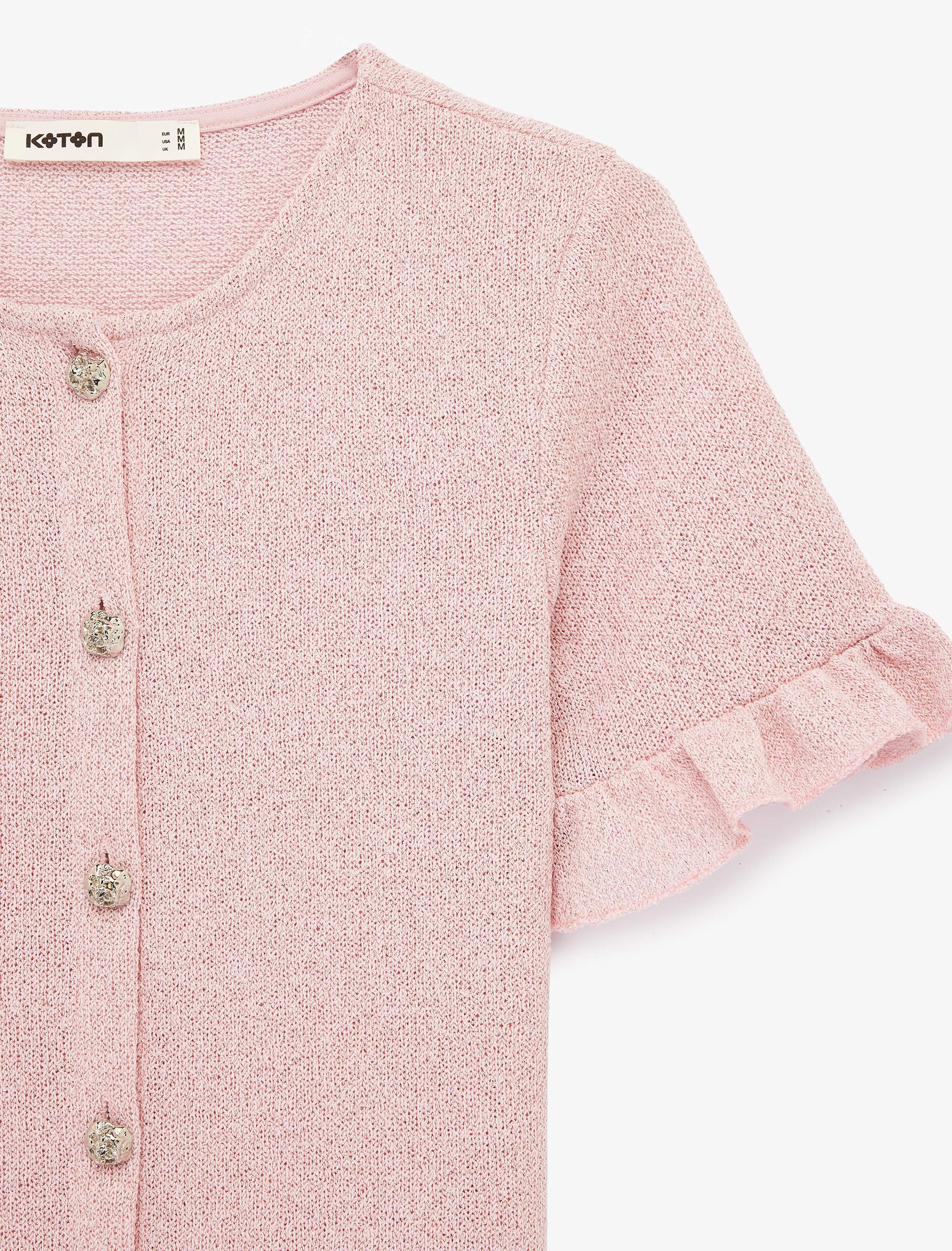   Mücevher Düğme Detaylı Fırfırlı Kısa Kollu Bisiklet Yaka Hırka