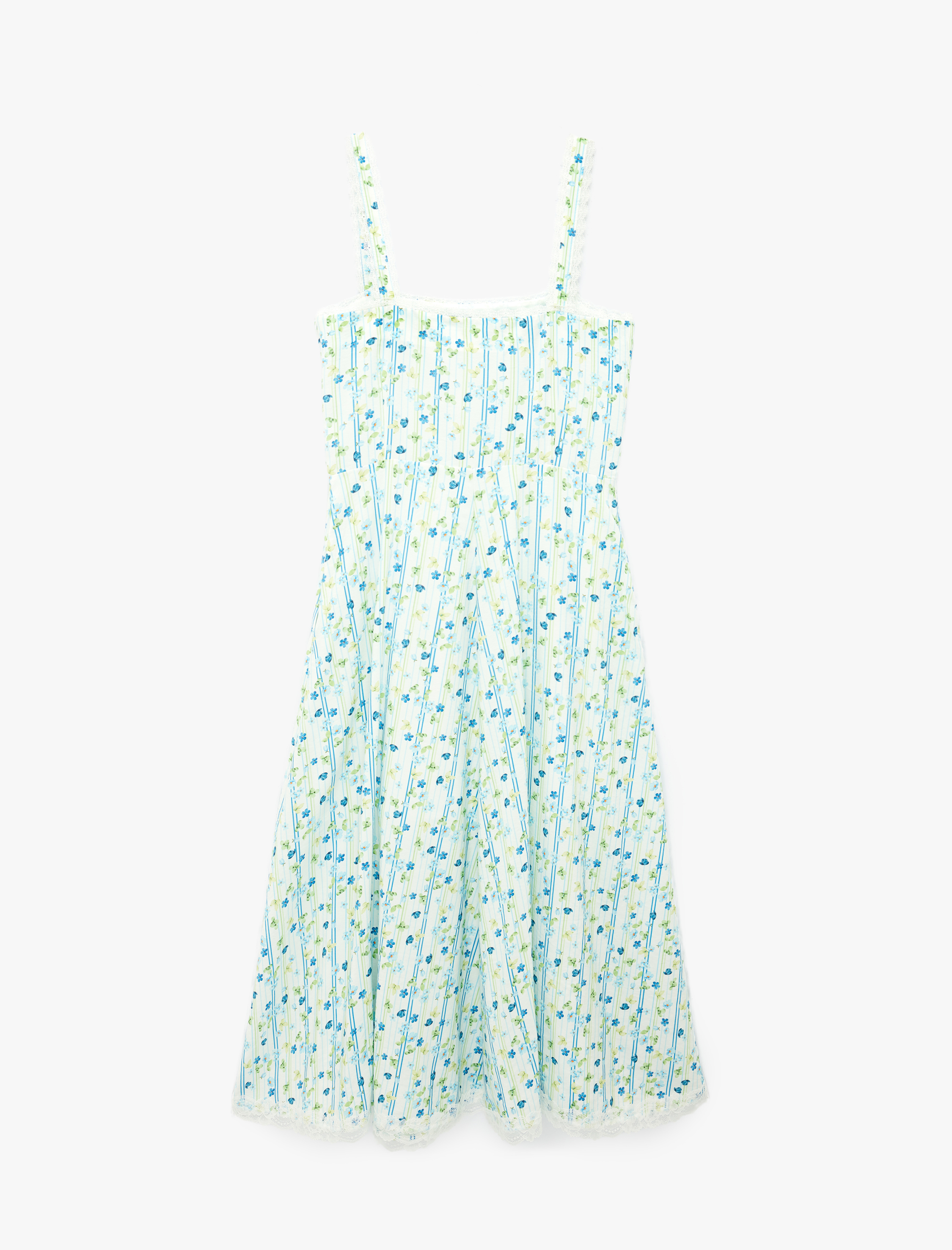   Viskon Kumaş Dantel Detaylı Kare Yaka Askılı Çiçekli Uzun Elbise