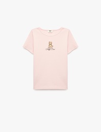 Pamuklu Kedi Baskılı Kısa Kollu Bisiklet Yaka Tişört