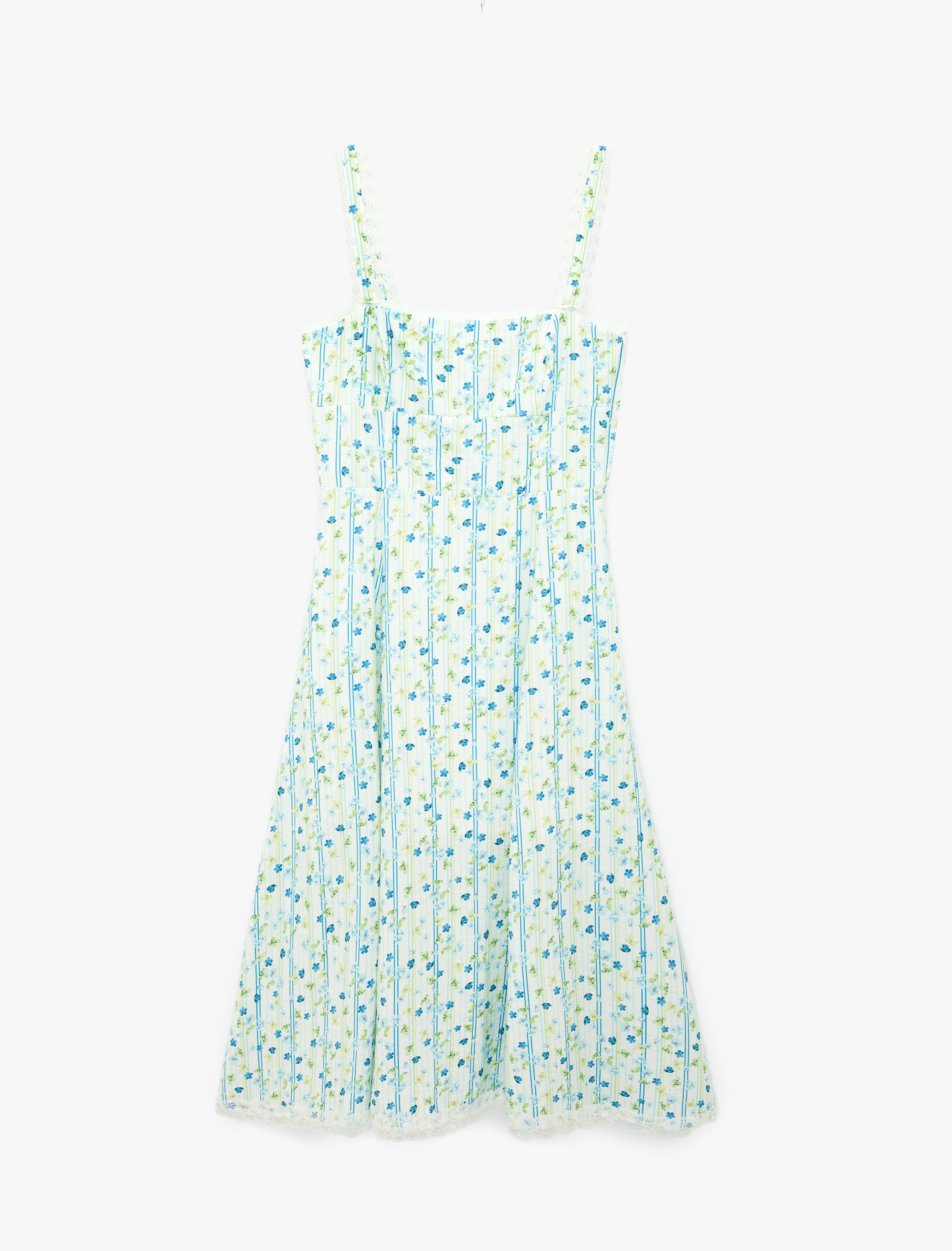   Viskon Kumaş Dantel Detaylı Kare Yaka Askılı Çiçekli Uzun Elbise