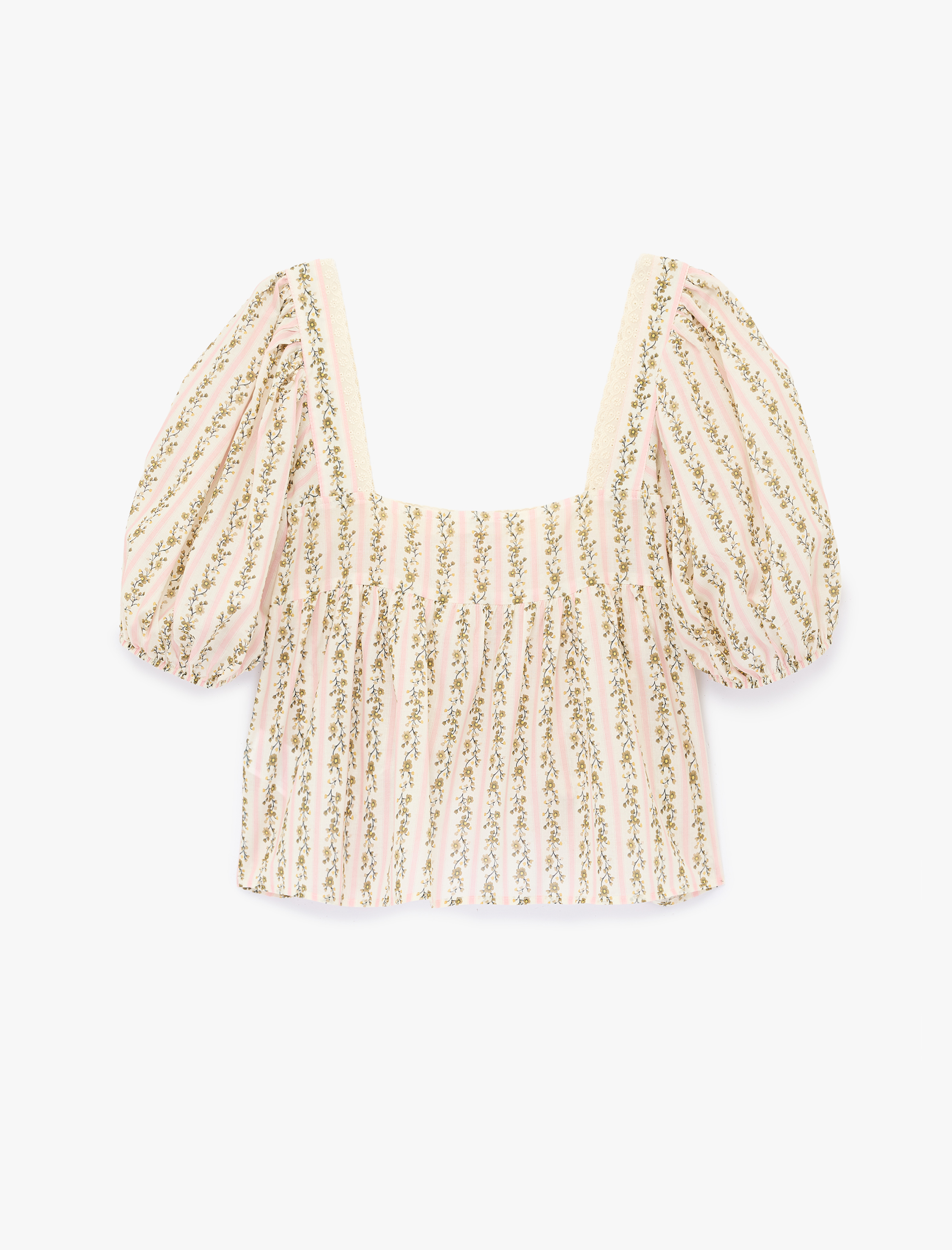   Pamuklu Vual Kumaş Dantel Detaylı Kare Yaka Kısa Balon Kollu Çiçekli Bluz