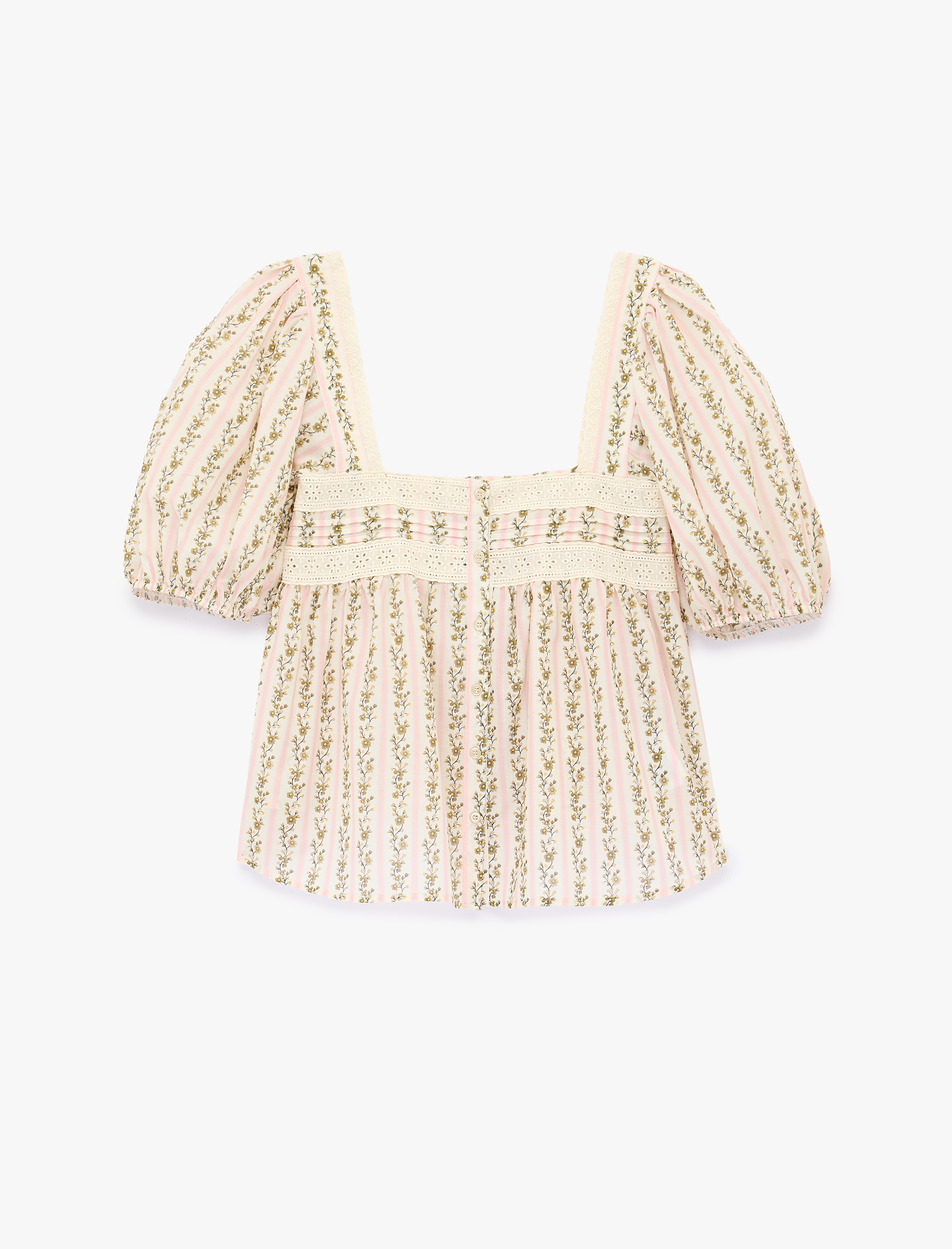   Pamuklu Vual Kumaş Dantel Detaylı Kare Yaka Kısa Balon Kollu Çiçekli Bluz