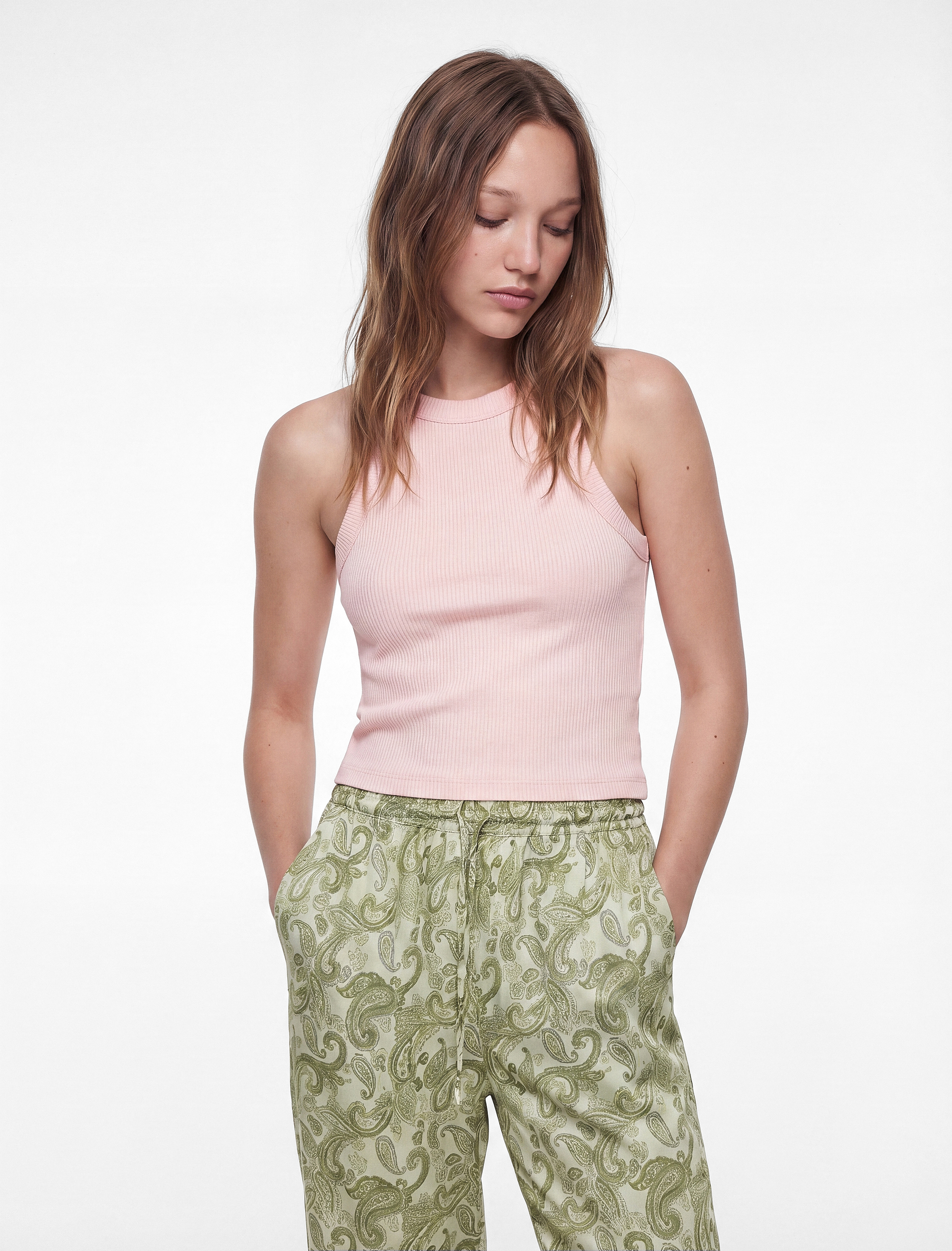   Viskon Beli Bağcıklı Desenli Düz Paça Pantolon