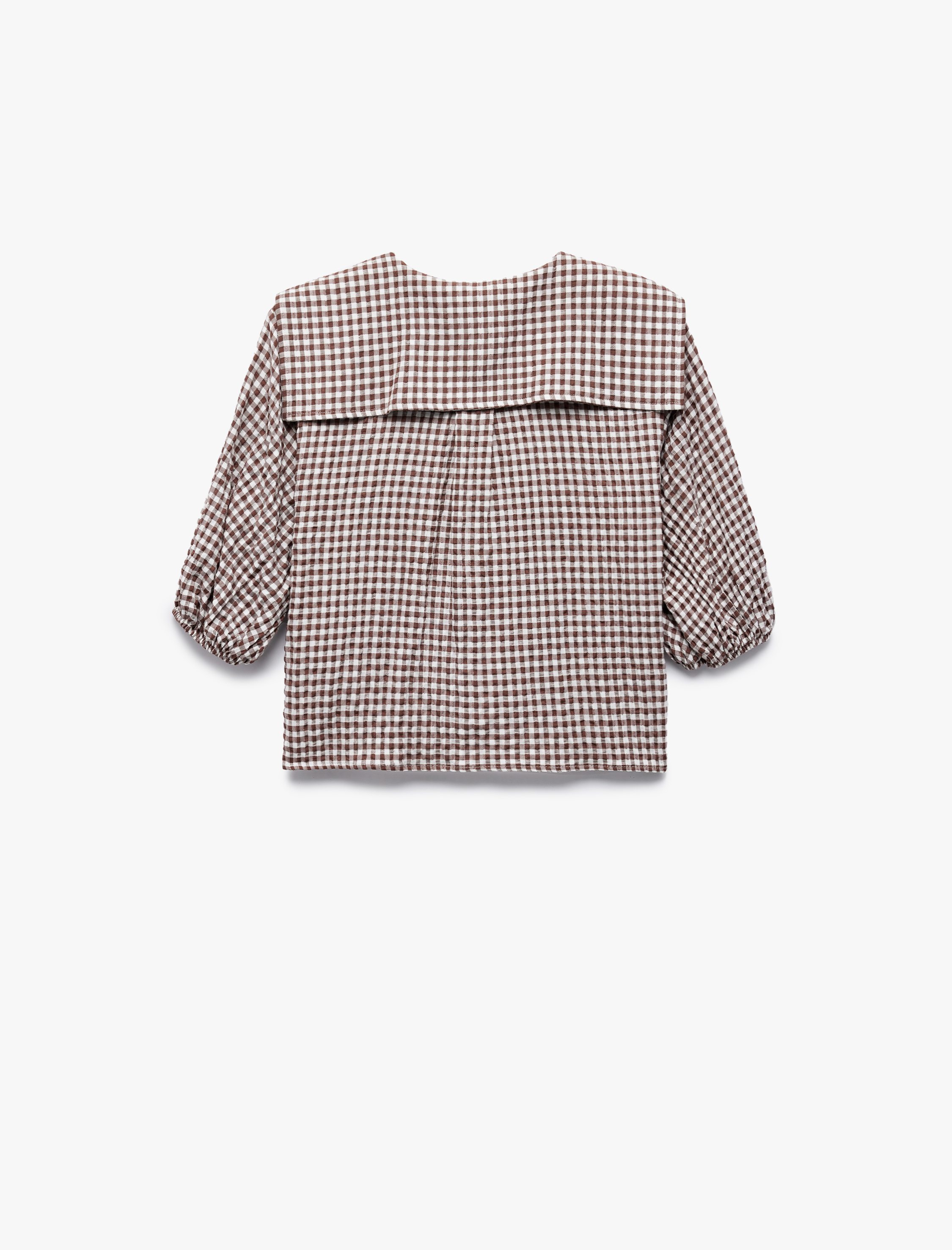   Gömlek Yaka Yarım Balon Kollu Bağcıklı Fiyonk Detaylı Pötikareli Crop Bluz