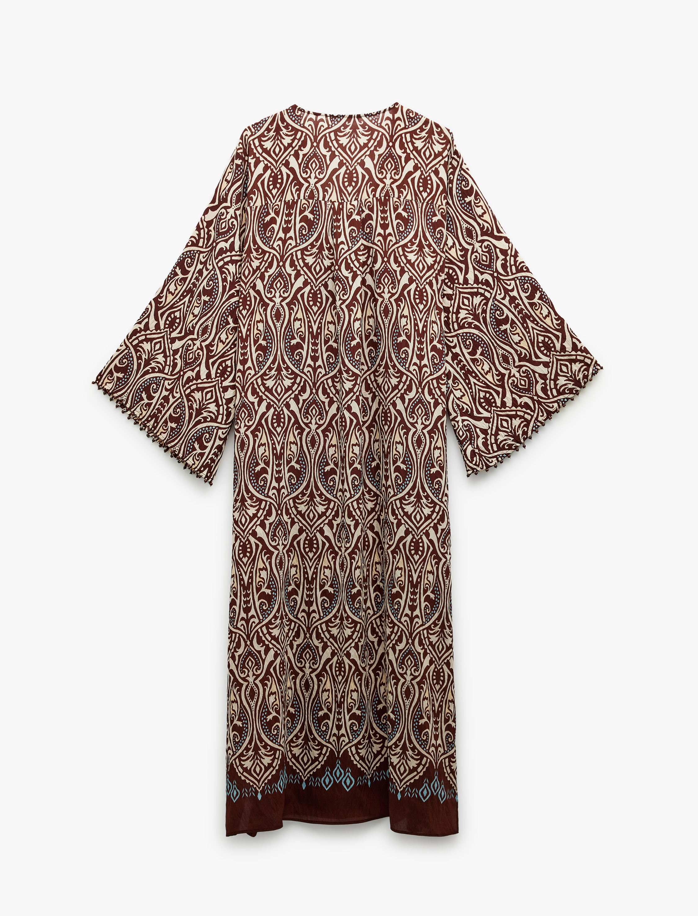   Koton X Melis Ağazat - Yırtmaç Detaylı Etnik Desenli Uzun Geniş Kollu V Yaka Kimono Elbise