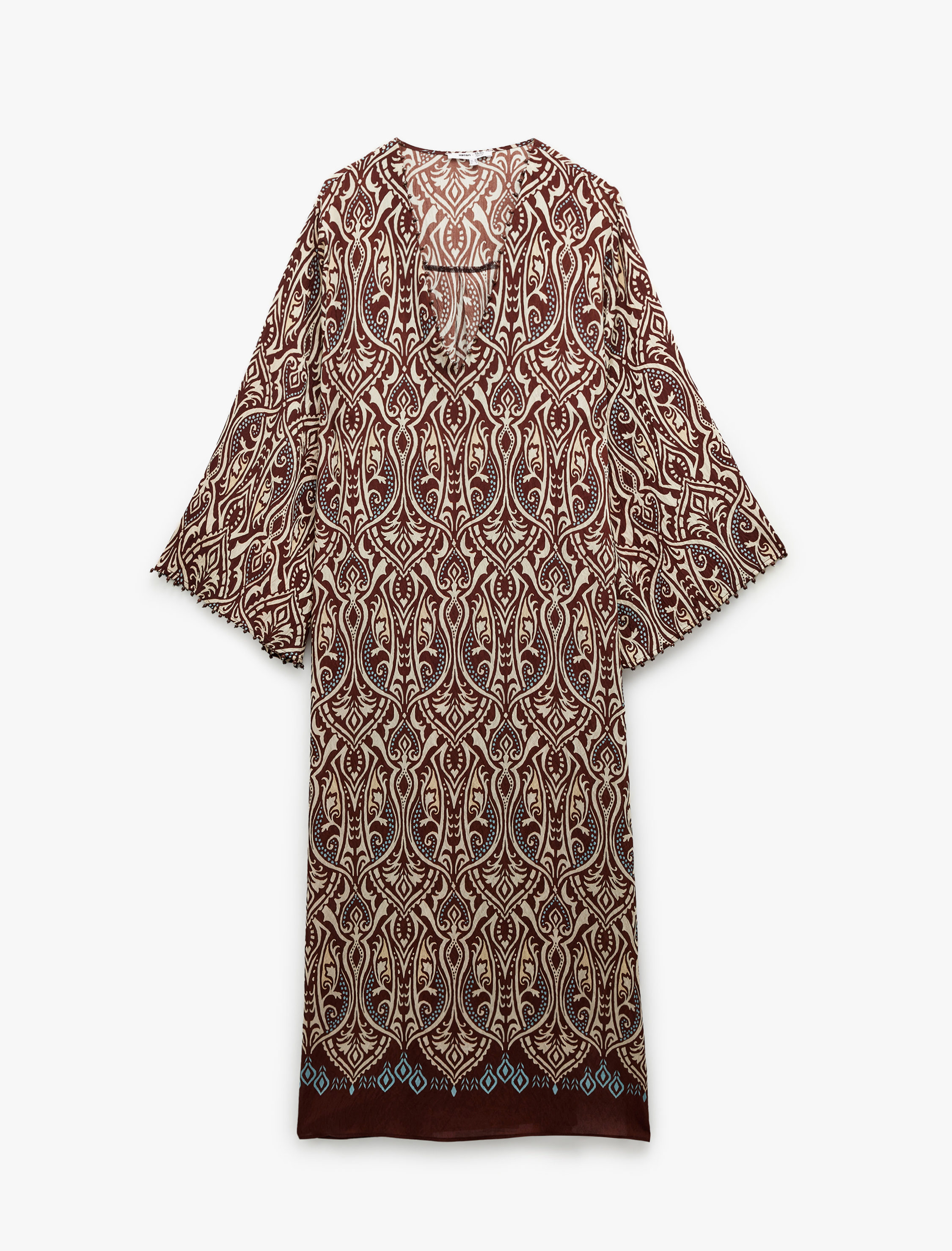   Koton X Melis Ağazat - Yırtmaç Detaylı Etnik Desenli Uzun Geniş Kollu V Yaka Kimono Elbise
