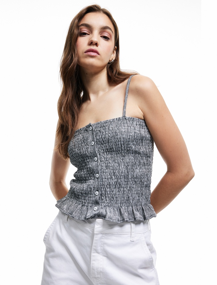  Düğme Detaylı İp Askılı Bürümcük Slim Fit Crop Bluz