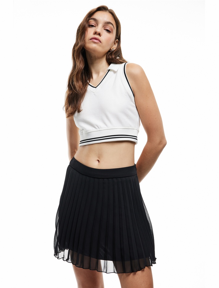  Pileli Astarlı Şifon Mini Etek