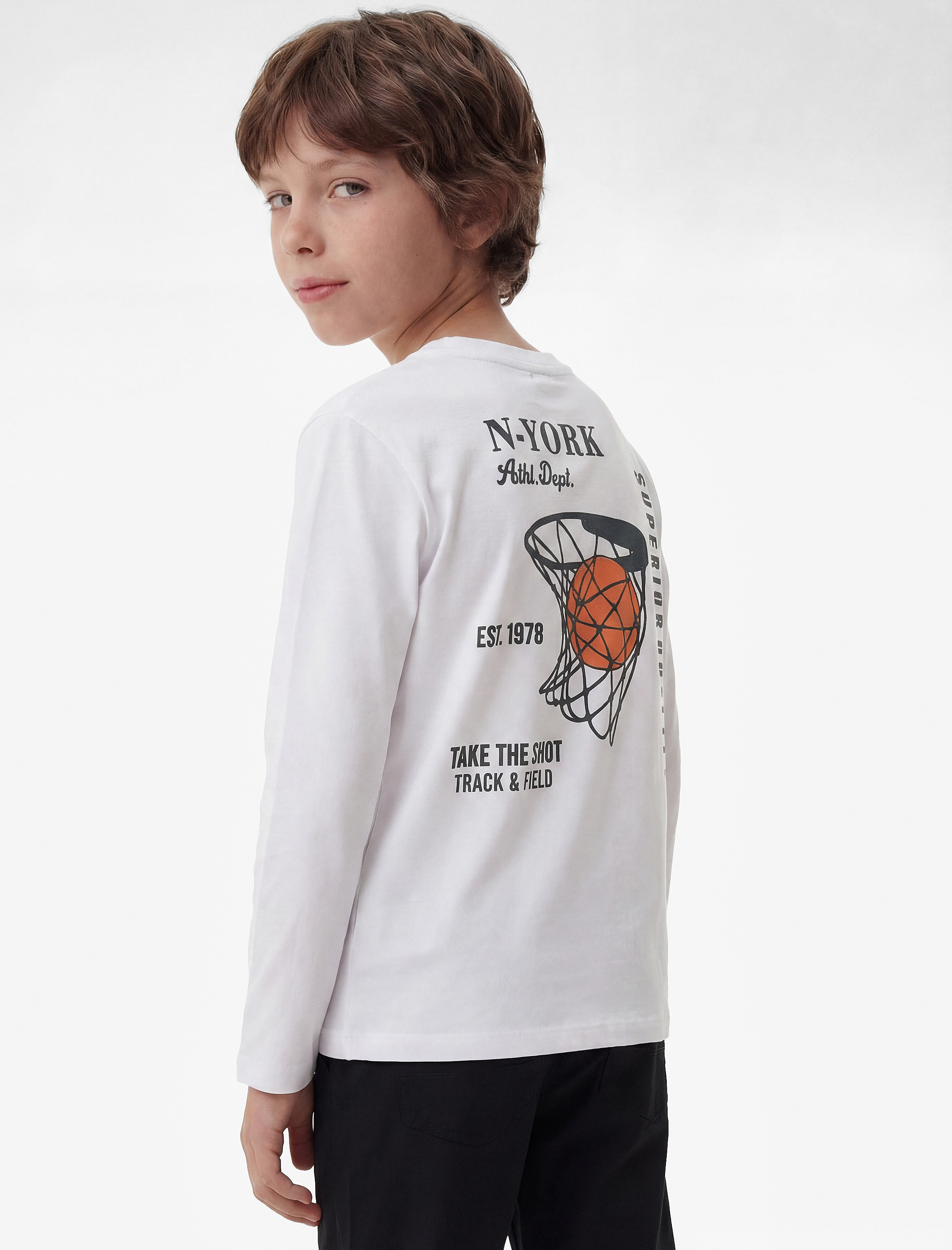  Erkek Çocuk Pamuklu Uzun Kollu Bisiklet Yaka Baskılı Oversize Tişört