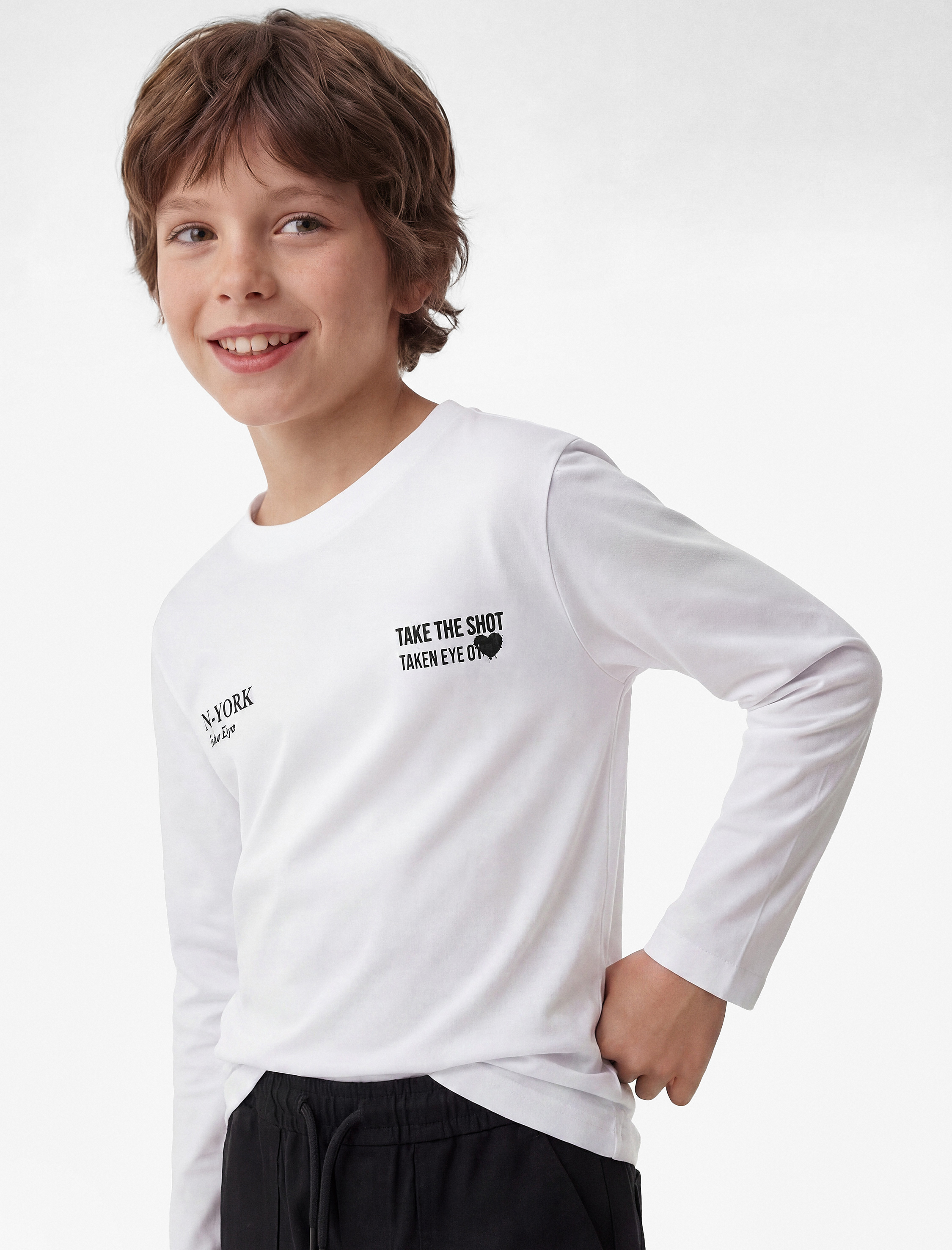  Erkek Çocuk Pamuklu Uzun Kollu Bisiklet Yaka Baskılı Oversize Tişört